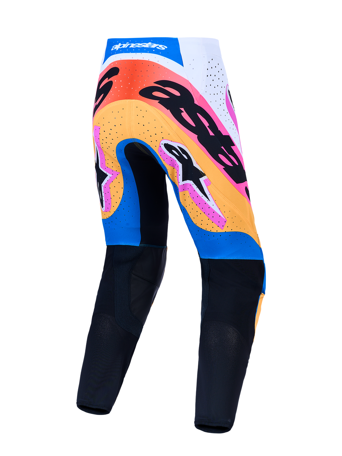 Calças Alpinestars Supertech Dyna, calças de motocross para homem, azuis e pretas com gráficos multicoloridos, vista traseira, equipamento de performance para MX