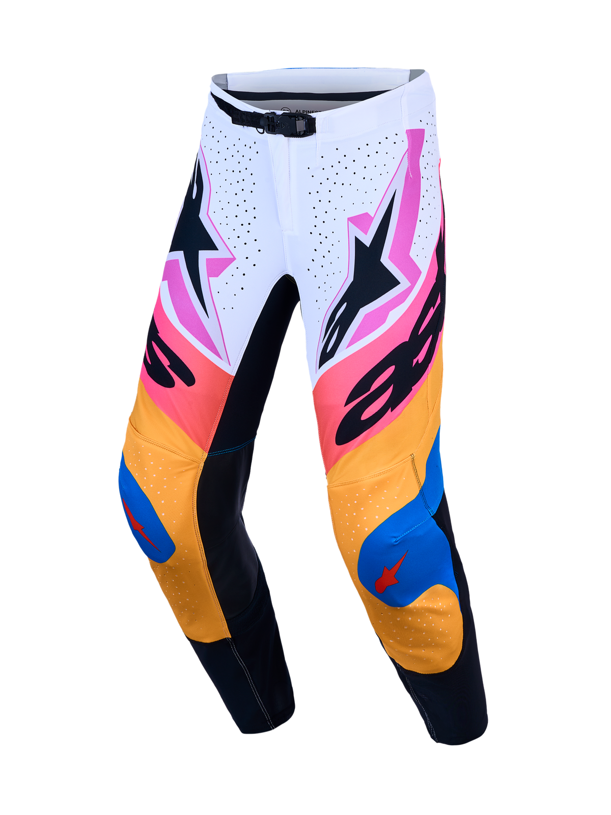 Alpinestars Calças Supertech Dyna, calças de motocross para homem, brancas, azuis e laranja, em rip-stop elástico leve.