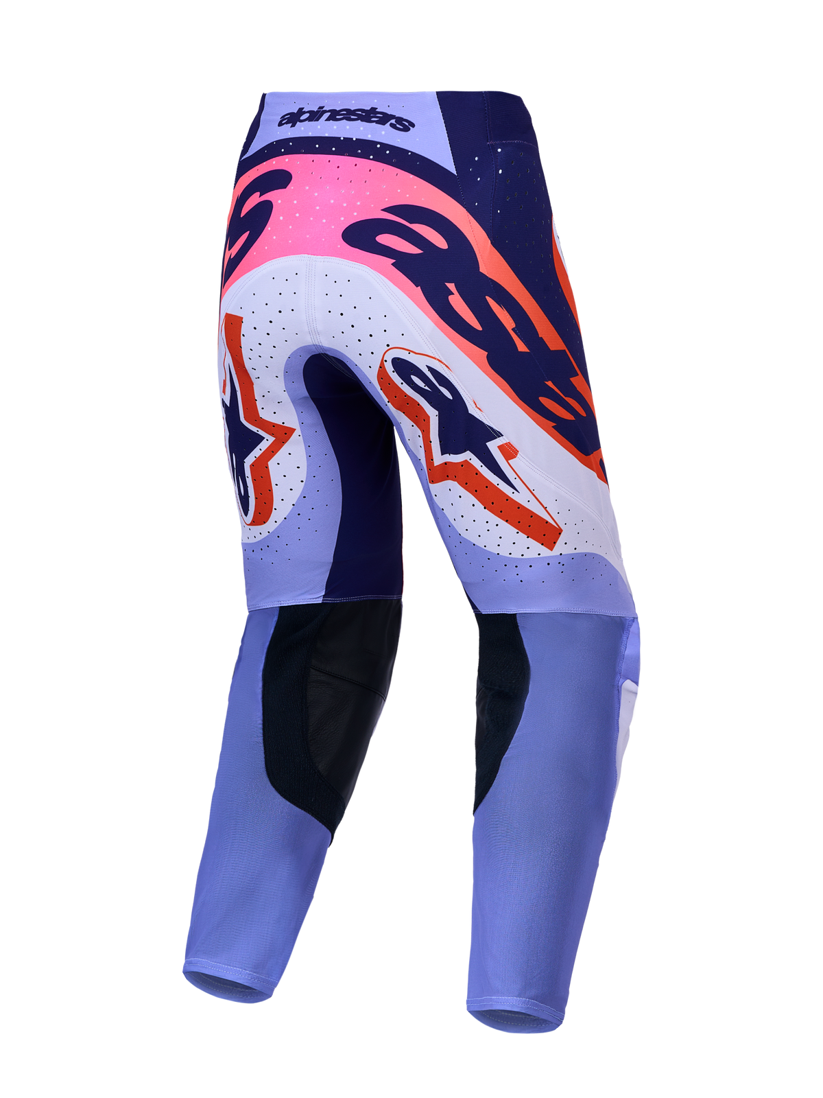 Alpinestars Supertech Dyna, calças de motocross em violeta claro e roxo escuro com detalhes rosa fluo, vista traseira.