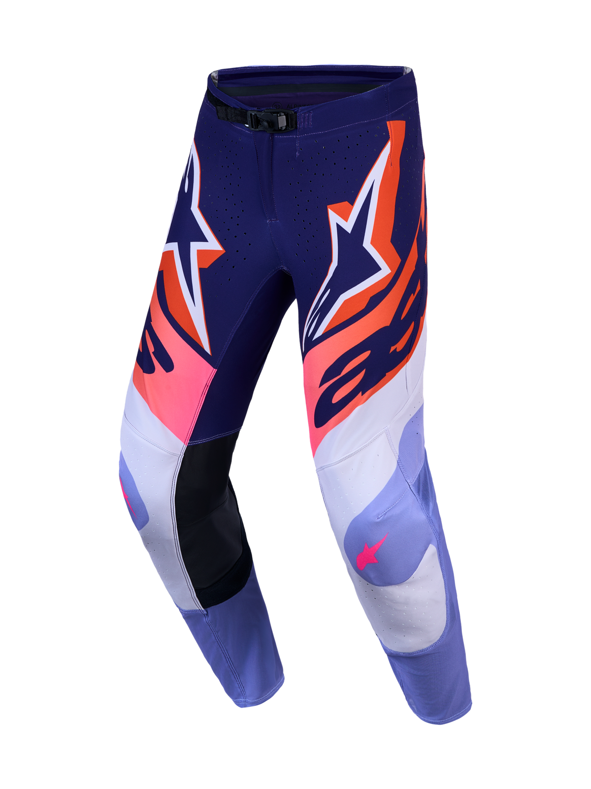 Alpinestars Supertech Dyna 2027, calças de motocross para homem, roxas e rosa fluo, em ripstop elástico de performance.