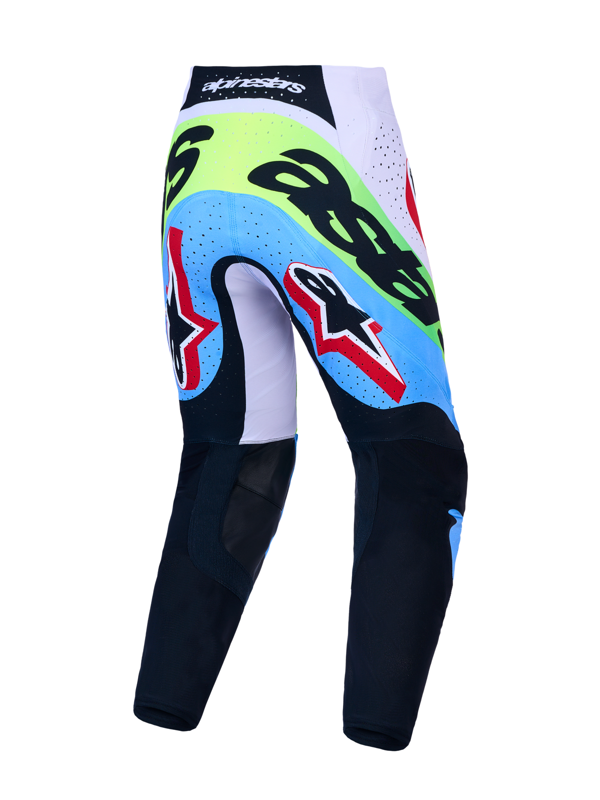 Alpinestars Supertech Dyna, calças de motocross para homem, verde fluo e pretas, vista traseira com zonas respiráveis.
