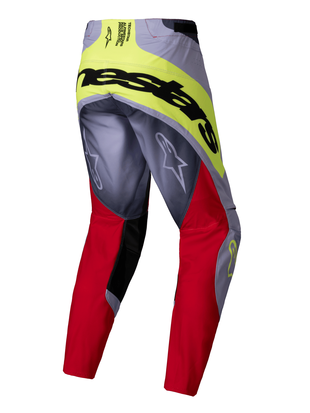 Alpinestars 2025 Techstar Melt Pants, calças de motocross, vermelho vivo e cinzento com detalhes em amarelo néon, vista traseira com marca Alpinestars a preto no assento, logótipos Astars nas pernas, design durável de múltiplos materiais para corridas de todo-o-terreno