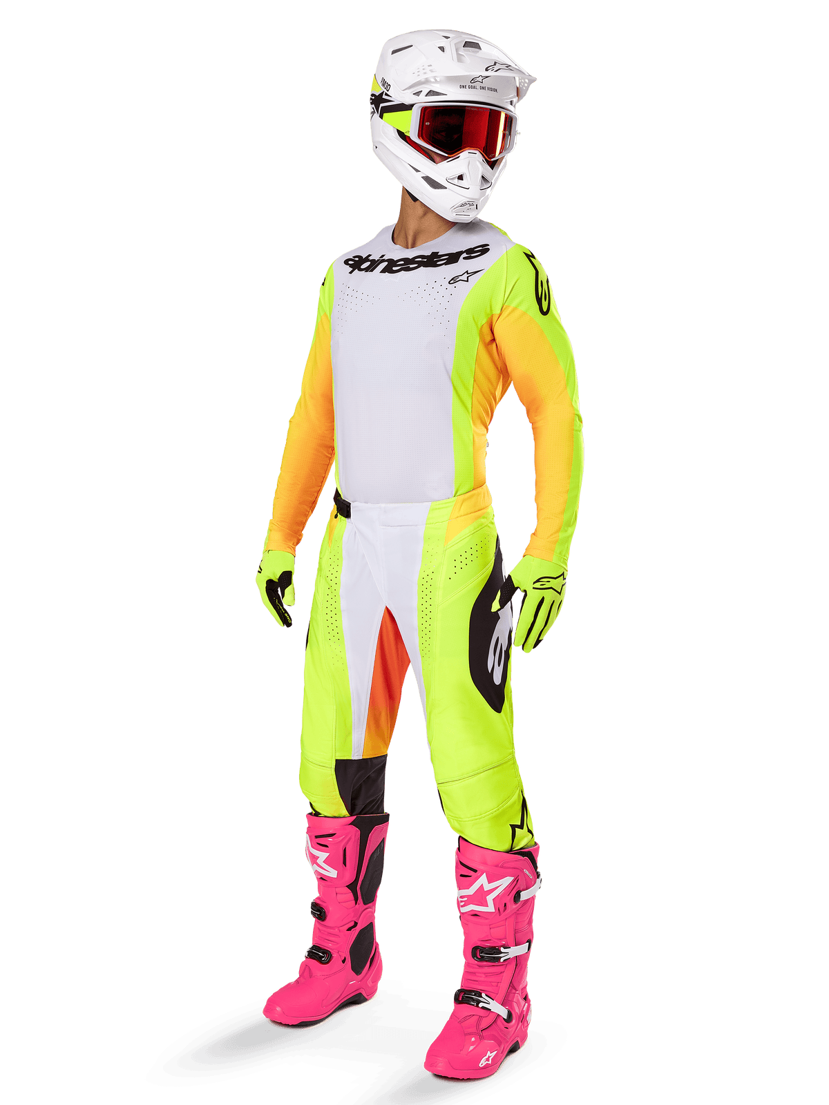 Alpinestars 2025 Techstar Melt Gear Set, complete motocross racing outfit, white jersey with yellow and orange sleeves, neon yellow pants, bright pink boots, white helmet with red goggles, yellow gloves, vibrant colorful racing apparel