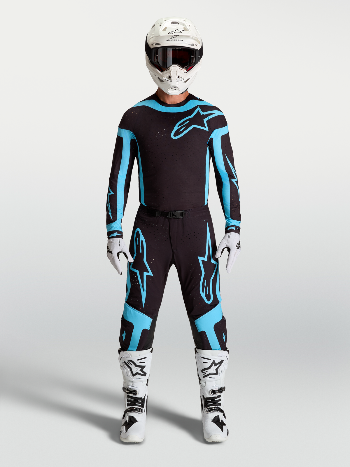 Alpinestars Calças Supertech Vesta, calças de motocross para homem, pretas e turquesa, com construção elástica leve em modelo