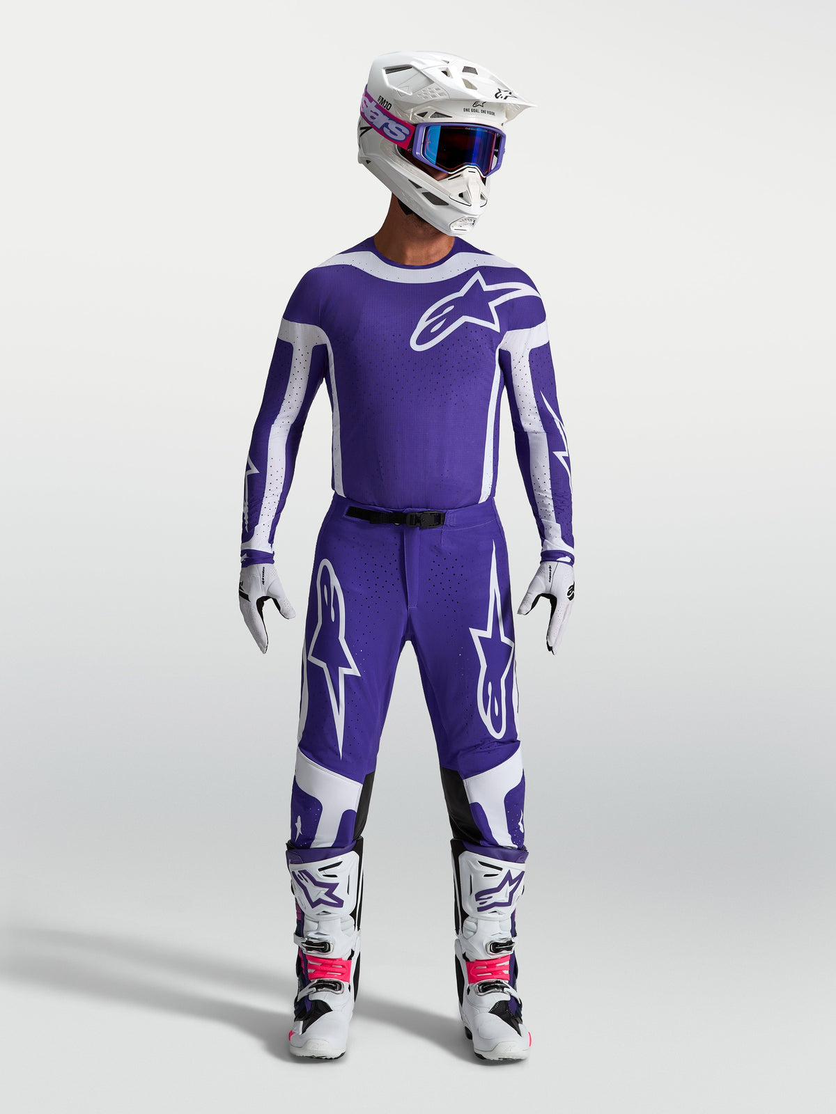 Alpinestars Supertech Vesta, calças de motocross para homem, azuis e brancas, ajuste atlético e tecido rip-stop durável.