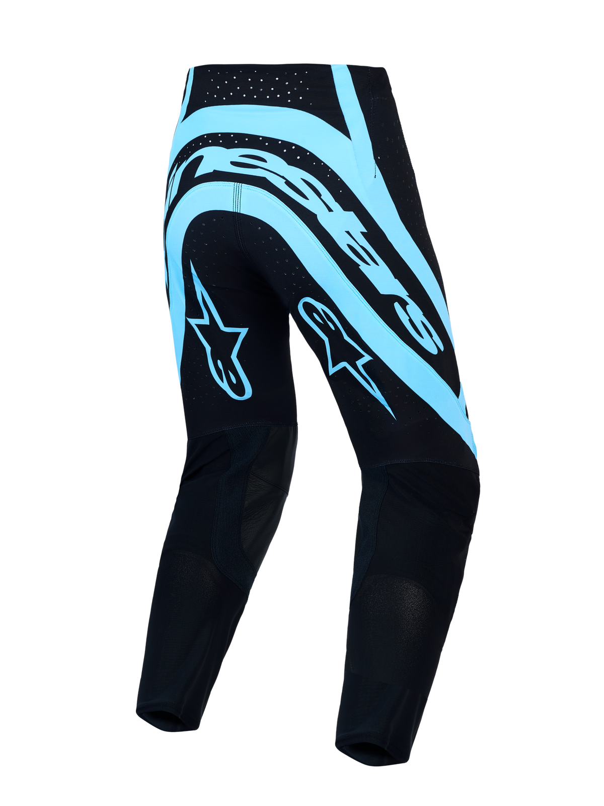Alpinestars Supertech Vesta, calças de motocross para homem, pretas e turquesa, em rip-stop, ajuste de corrida, vista traseira