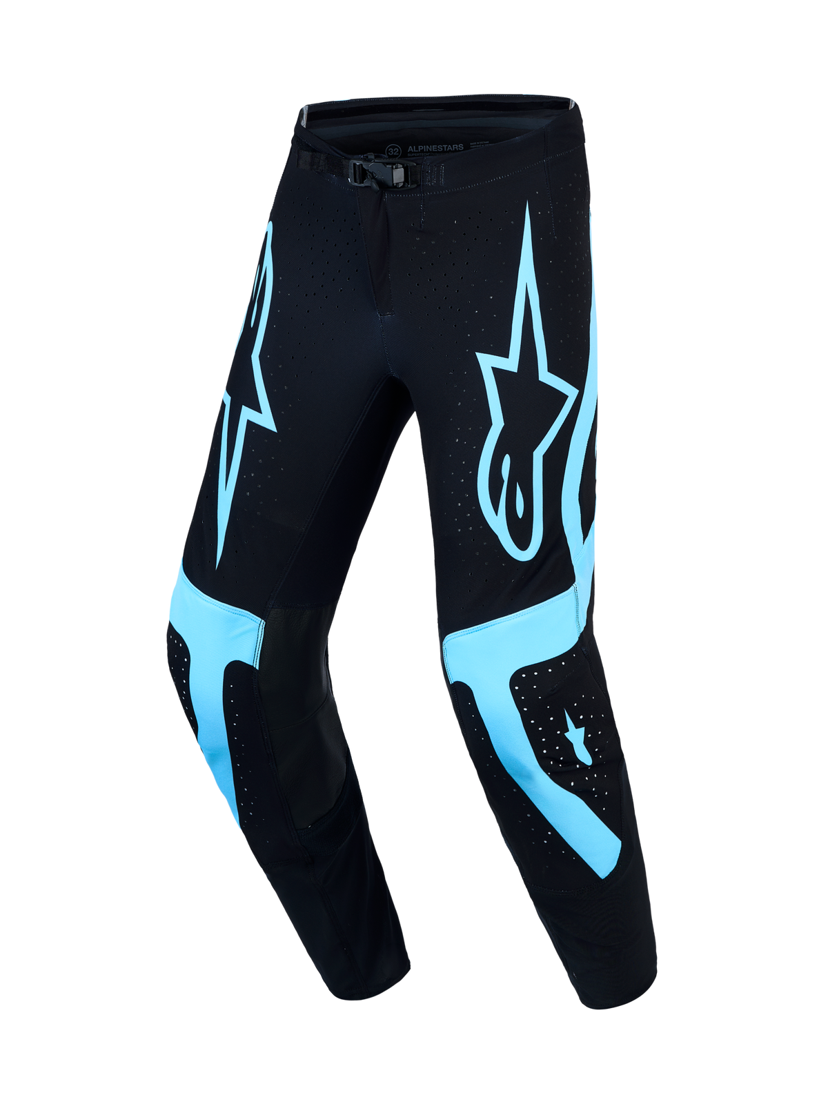 Alpinestars Supertech Vesta, calças de motocross para homem, tamanho 32, pretas e turquesa, tecido rip-stop elástico ventilado com ajuste atlético de corrida.