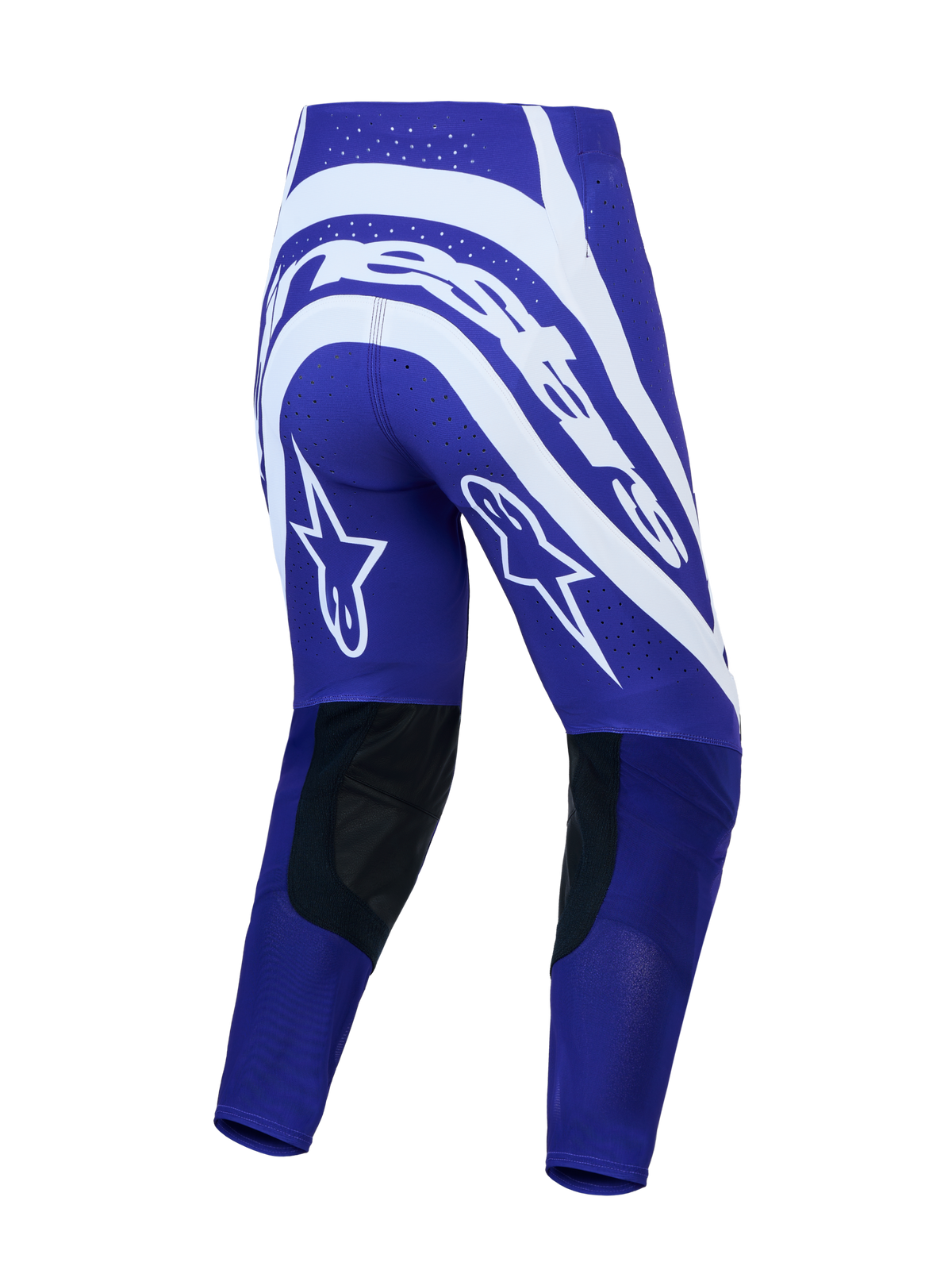 Alpinestars calças Supertech Vesta de motocross para homem, azuis e brancas, vista traseira com gráficos de estrelas e pele.