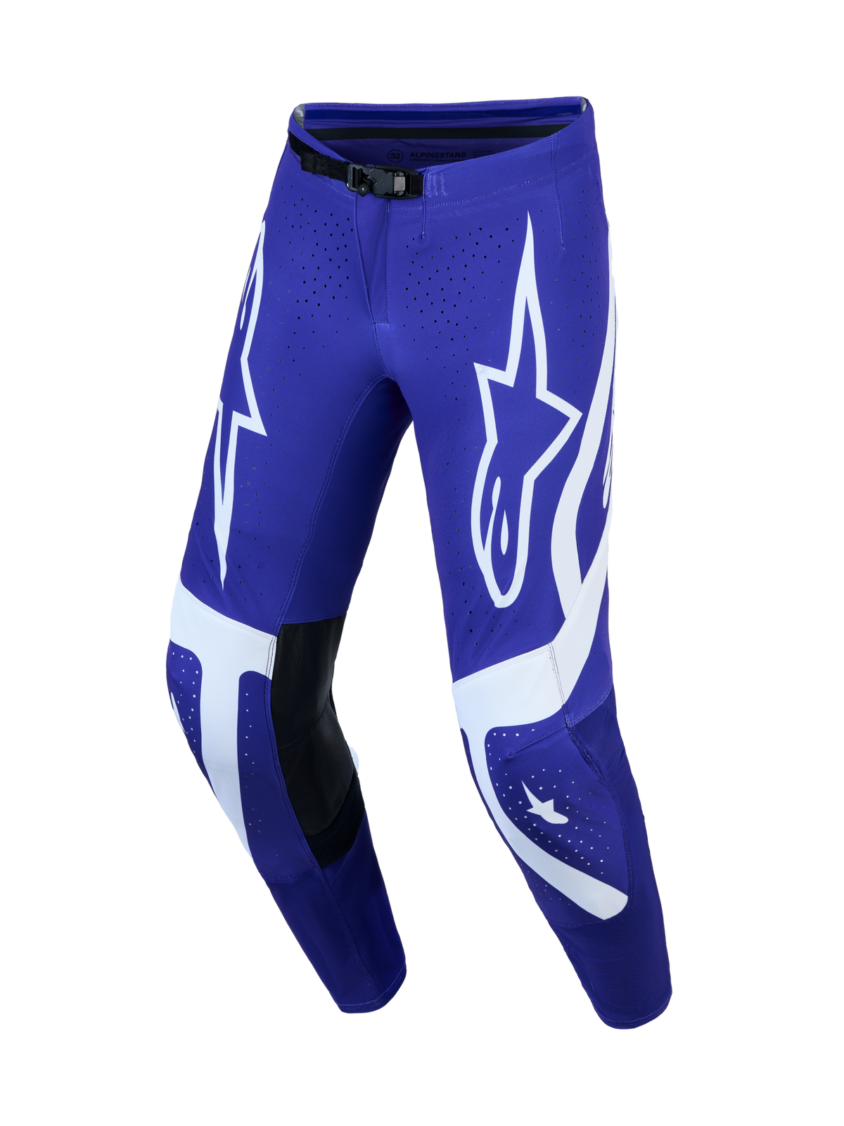 Alpinestars Supertech Vesta, calças de motocross para homem, azuis e brancas, com painéis em pele e gráficos de estrelas