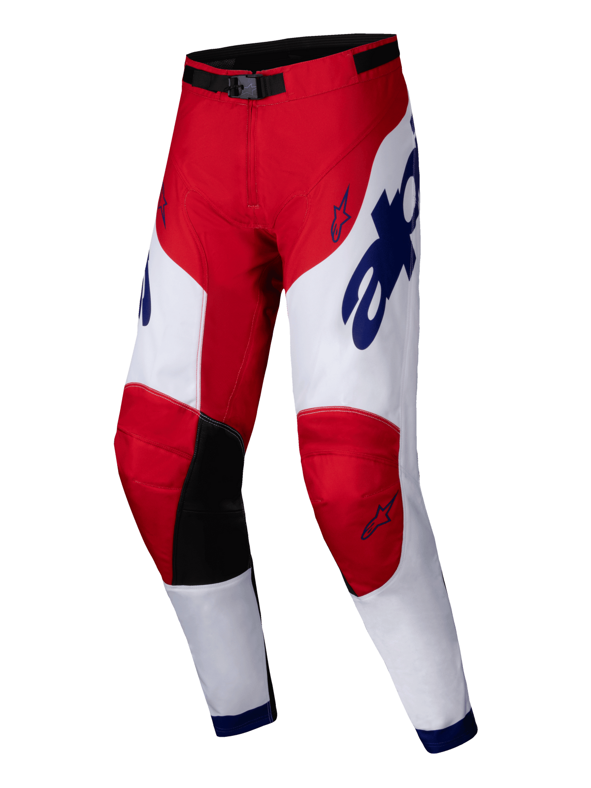 Alpinestars 2025 Racer Veil Pants, calças de motocross, vermelho vivo e branco com detalhes em azul, painéis internos pretos nos joelhos, design ergonómico pré-curvado, logótipos de marca e de estrela destacados, equipamento durável para corridas todo-o-terreno