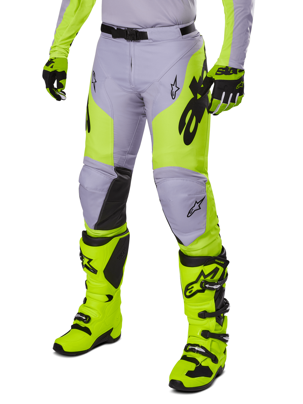 Alpinestars 2025 Racer Veil Pants, Motocross Pants, Gray and Neon Yellow Fluo, featuring black star logos and adjustable waist belt, shown with matching motocross boots and gloves, ergonomic design for off-road riding