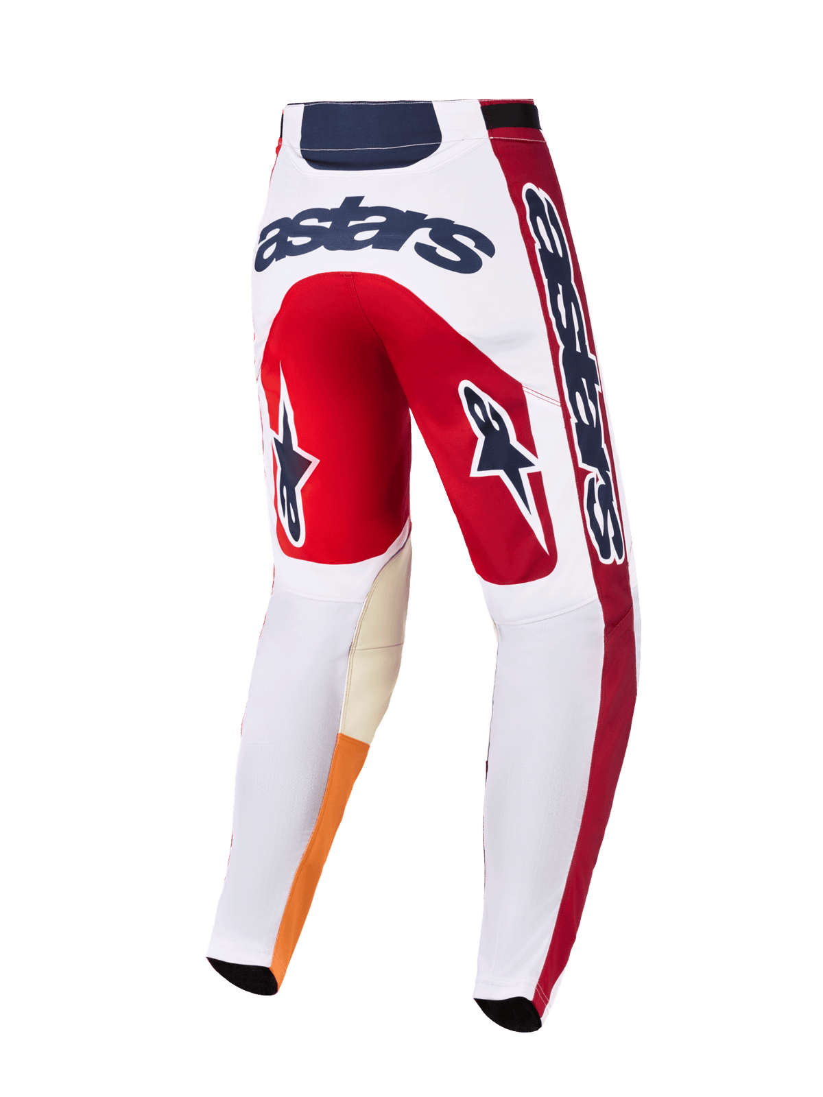 Alpinestars 2026 Racer Portl Pants, calças de motocross, vermelhas, brancas e cinzento escuro, vista traseira com logótipo 'astars' em destaque, ícones de estrela nas pernas, material durável e reforço no interior dos joelhos para corridas off-road