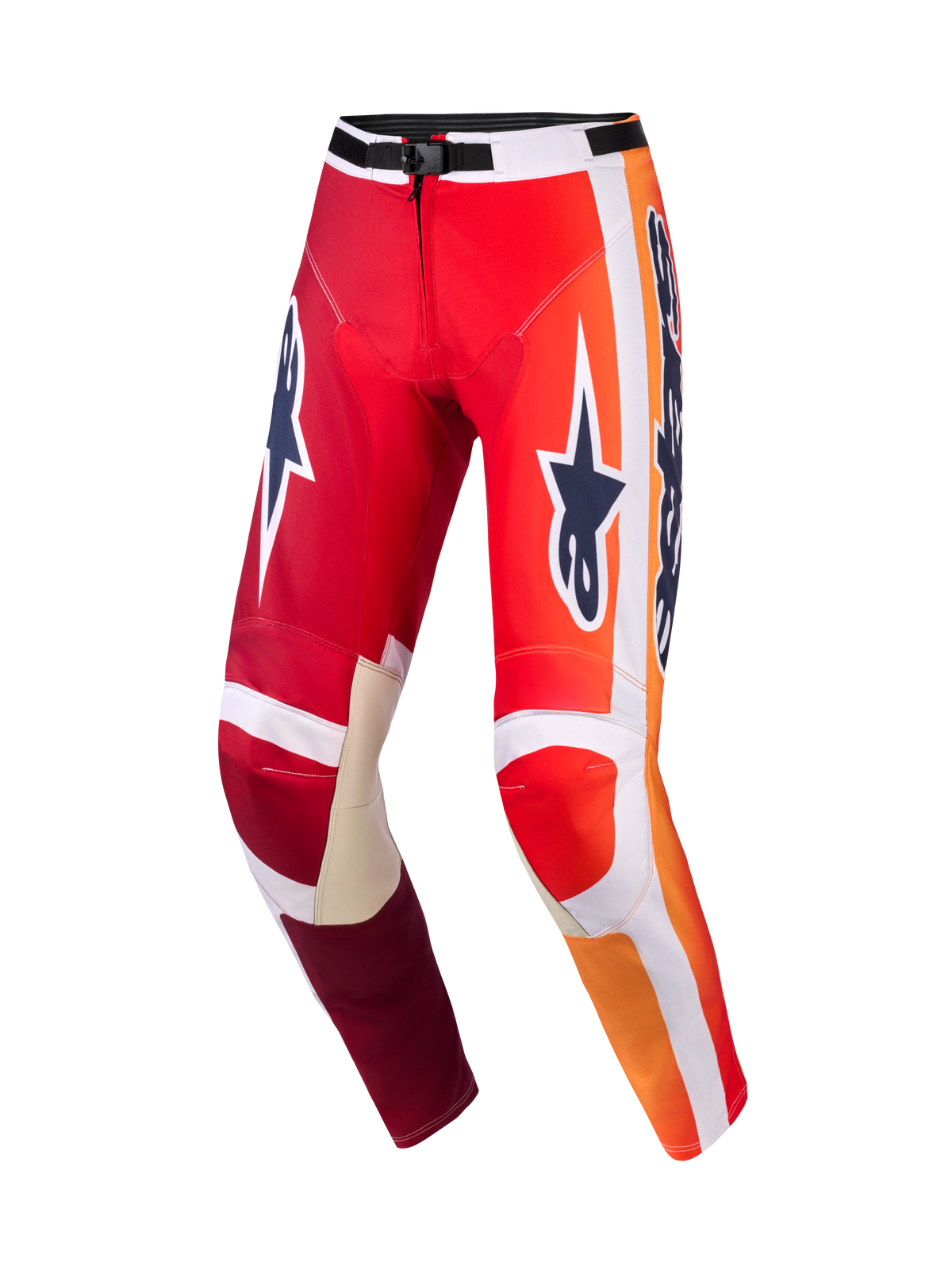 Calças Alpinestars 2026 Racer Portl, calças de motocross, vermelhas e cinzento claro com logótipos em cinzento escuro, gradientes em laranja vibrante e riscas brancas, marca Astar de grandes dimensões nas coxas, reforços internos nos joelhos em pele cinzento claro, fivela de cintura preta, equipamento durável para corridas off-road.