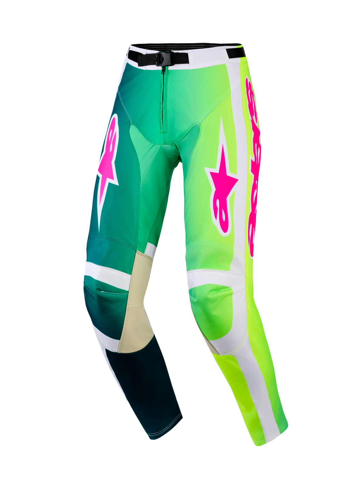 Alpinestars 2026 Racer Portl Pants, calças de motocross, verde e branco com logótipos cor-de-rosa vibrantes, com um design em degradé de verde-azulado a verde néon, joelhos internos reforçados e fivela de cintura segura para corridas off-road