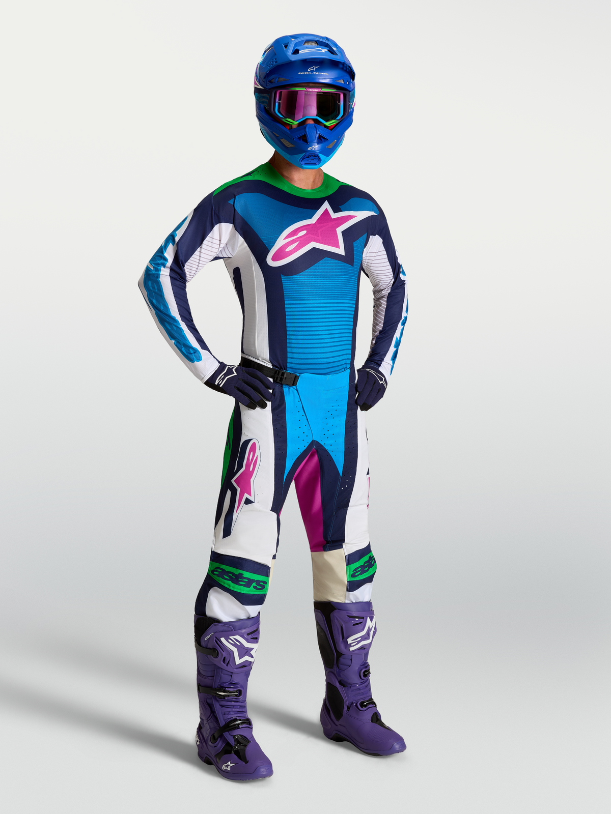 Alpinestars Techstar Maven Gear Set e Calças, equipamento de motocross para homem, azul e branco com detalhes verde fluo