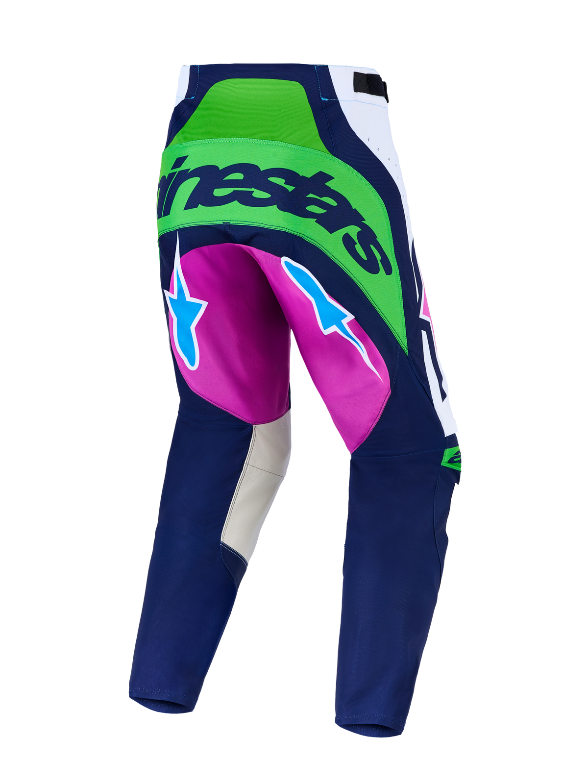 Alpinestars Calças Techstar Maven, calças de motocross azul, verde fluorescente e roxo, vista traseira com zonas elásticas.