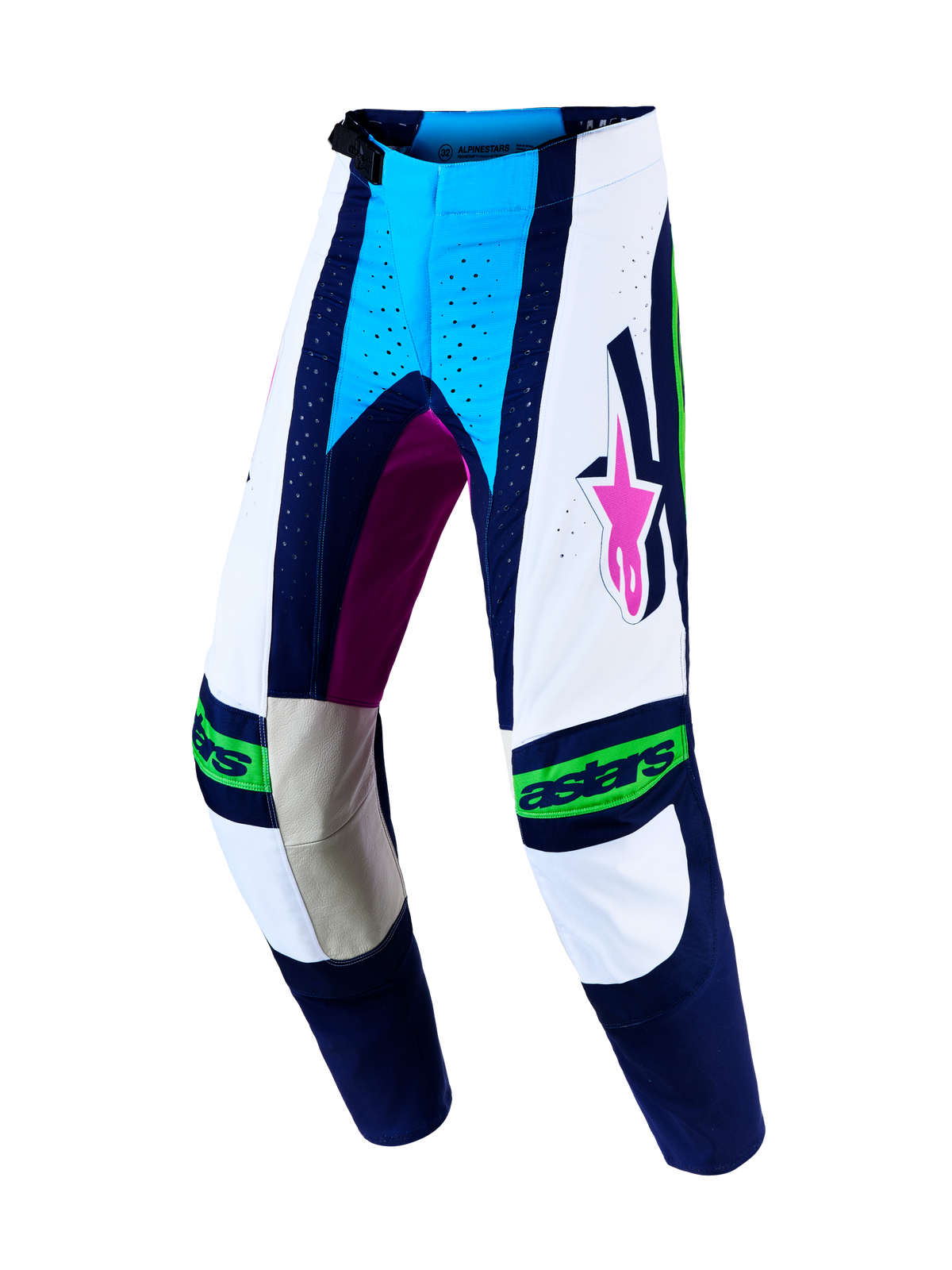 Alpinestars Techstar Maven, calças de motocross para homem, brancas e azuis, com painéis em couro e corte de corrida.