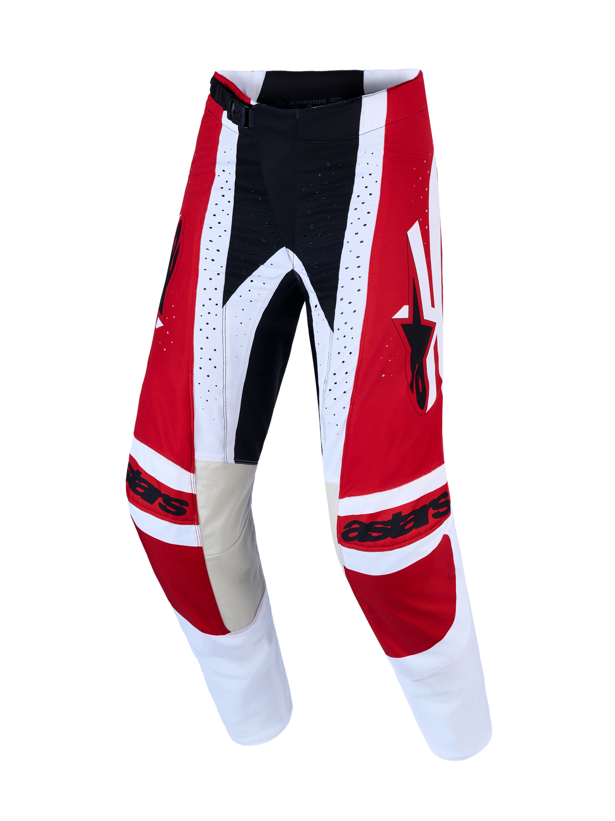 Alpinestars Techstar Maven, calças de motocross para homem, vermelhas e brancas, construção resistente em poliéster 600D com reforço em couro nos joelhos para off-road