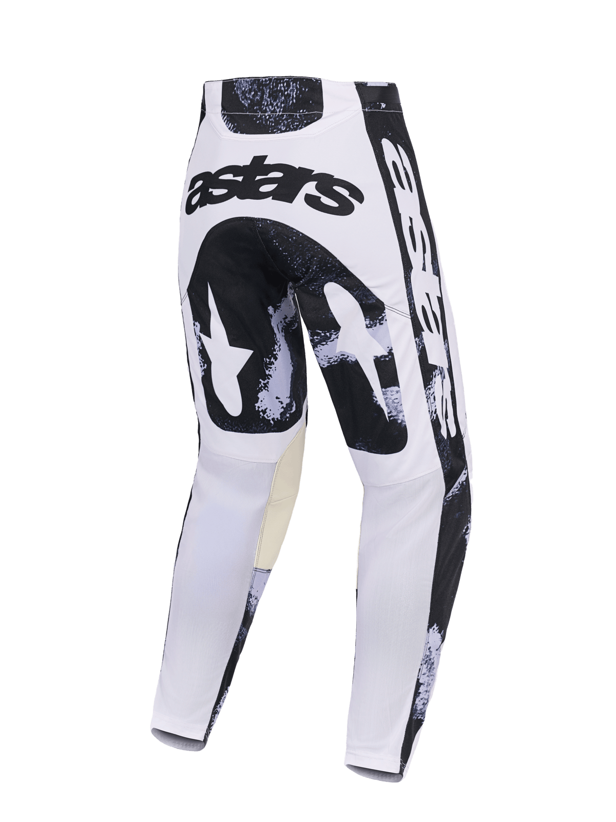 Alpinestars 2026 Racer Lahnd Pants, calças de motocross, Iron Camo, vista traseira com design camuflado em preto e branco, logótipo 'astars' no assento, painéis internos dos joelhos bege, construção em polifabric durável para corridas todo-o-terreno