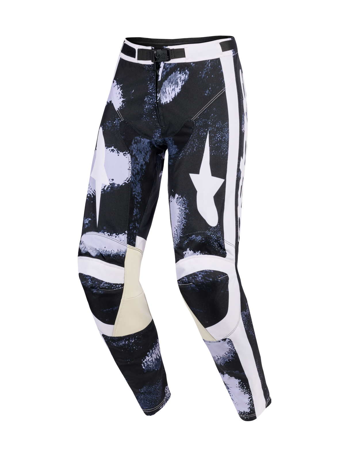 Alpinestars 2026 Racer Lahnd Pants, calças de motocross, cinzento Iron Camo e preto, com grandes logótipos de estrela brancos nas coxas, riscas laterais brancas, painéis interiores dos joelhos em pele bege e corte de performance pré-curvado.