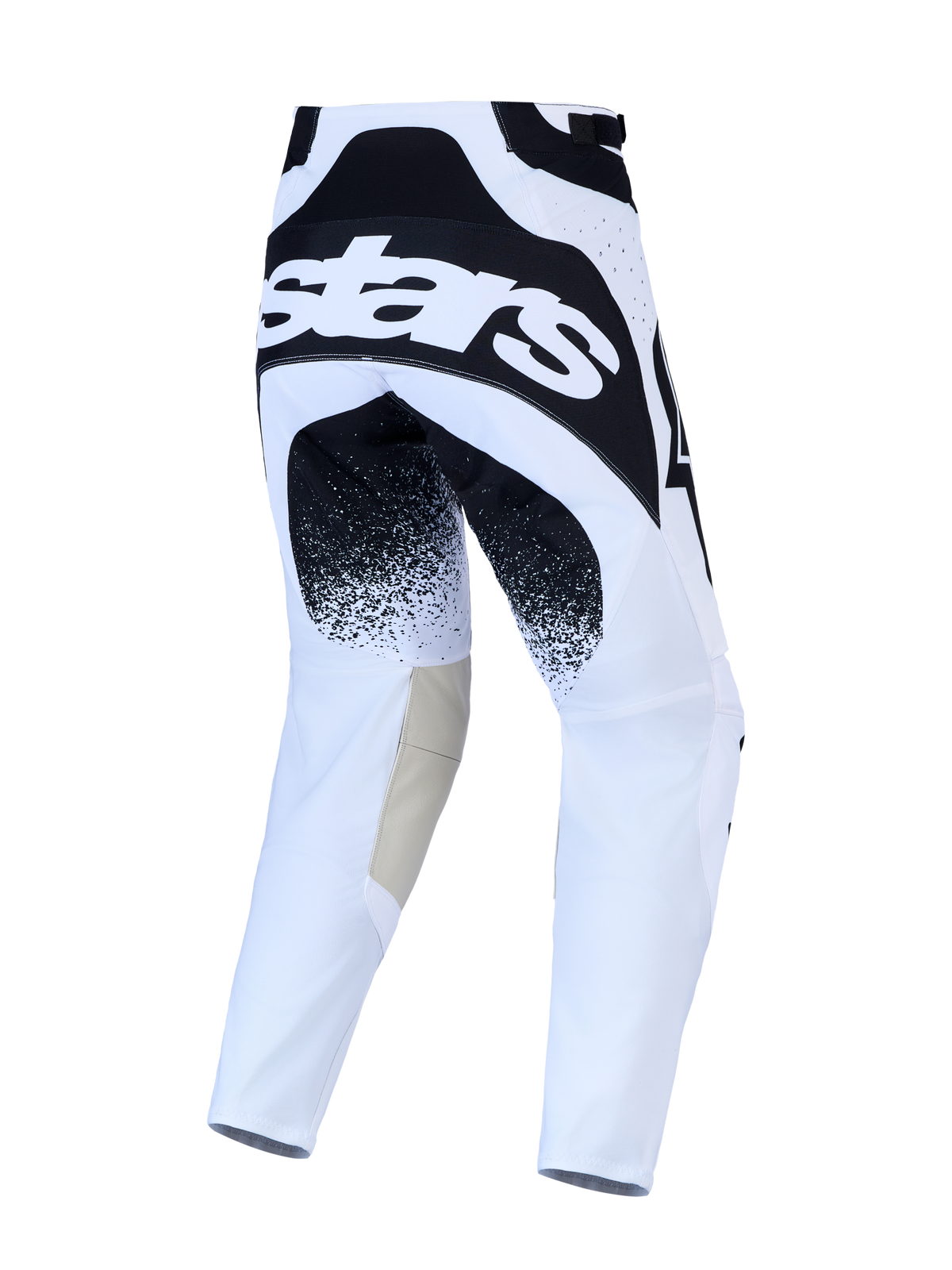 Alpinestars Techstar Swan, calças de motocross para homem, brancas e pretas, vista traseira com logótipo no assento, construção em tecido elástico e reforços em couro nos joelhos