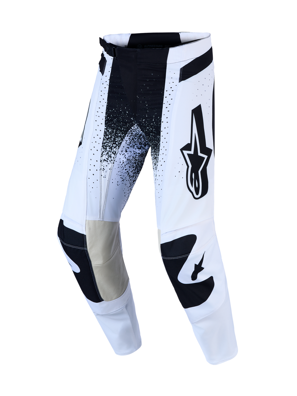 Alpinestars Calças Techstar Swan AND Techstar Swan Gear Set, calças de motocross brancas e pretas com pele nos joelhos.