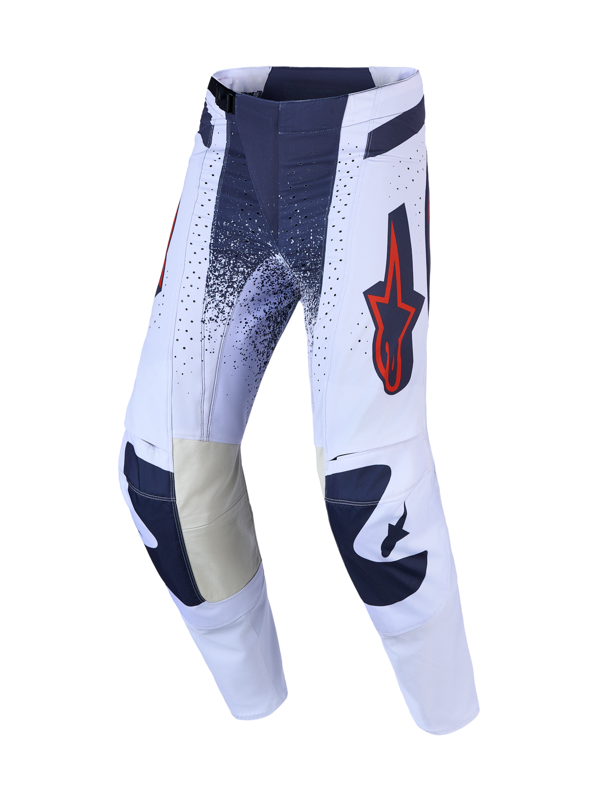 Alpinestars Calças Techstar Swan, calças de motocross para homem, lilás claro e cinzento escuro com detalhes em vermelho fluo, reforços internos em couro nos joelhos, equipamento técnico de off-road