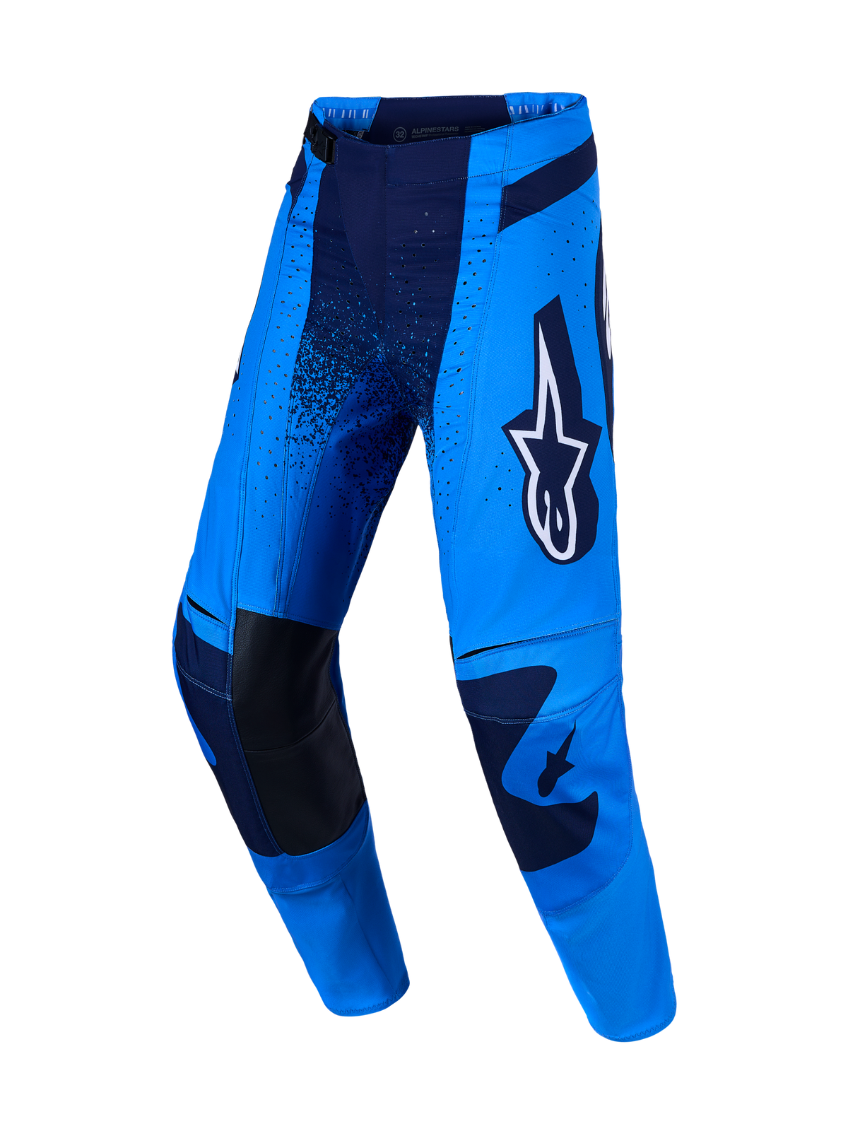 Calças Techstar Swan Alpinestars para motocross profissional, em azul e azul-escuro, com joelhos reforçados em couro.