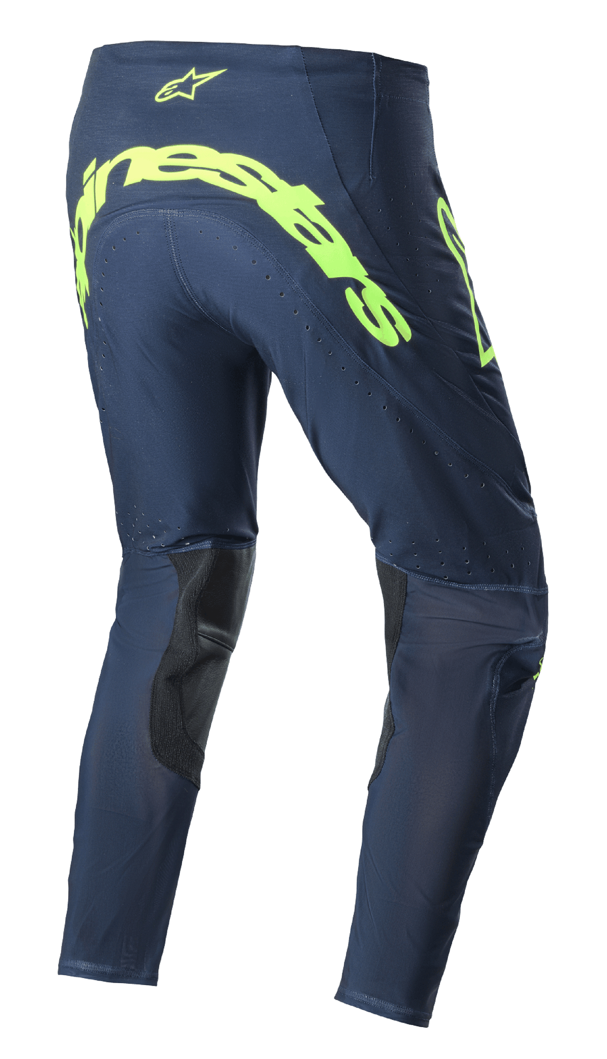 Alpinestars 2023 Supertech Bruin Pants, Motocross Pants, Night Navy and Yellow Fluo, rear view featuring large fluorescent yellow Alpinestars branding across the seat, perforated ventilation zones, and black inner-leg reinforcements.