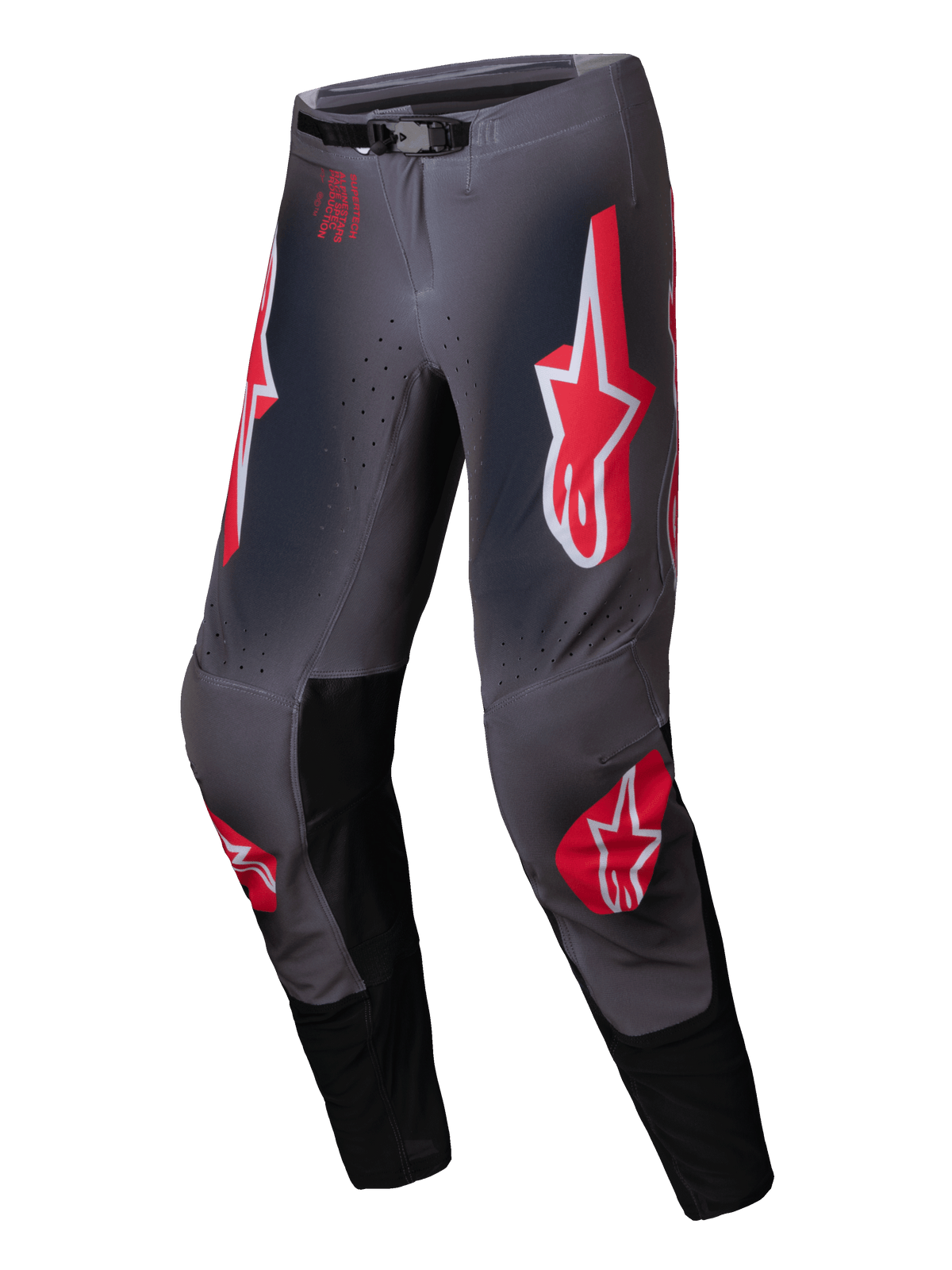 Calças Alpinestars Supertech Lipan 2025, calças de motocross todo-o-terreno, cinzentas e vermelhas com fivela magnética