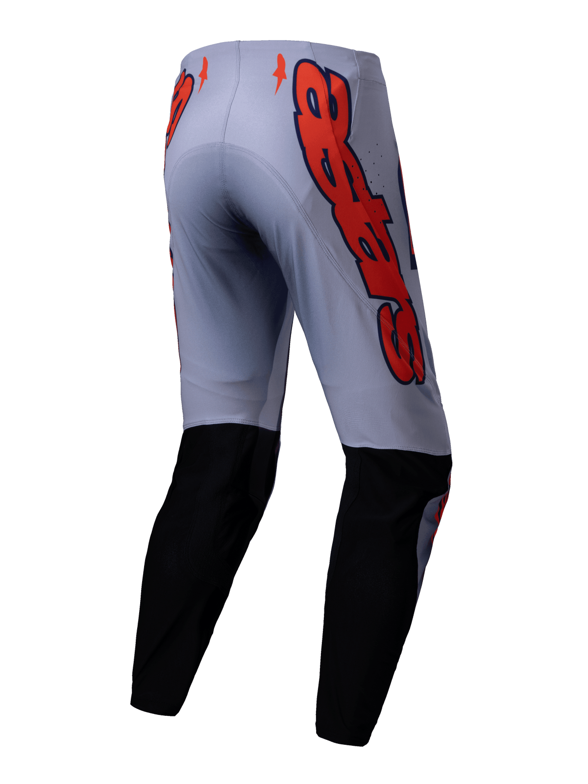Alpinestars 2025 Supertech Lipan Pants, calças de motocross, cinzento e laranja fluorescente, vista traseira com painéis pretos na parte inferior das pernas e logótipo Alpinestars grande em laranja nas ancas, corte atlético para corridas todo-o-terreno