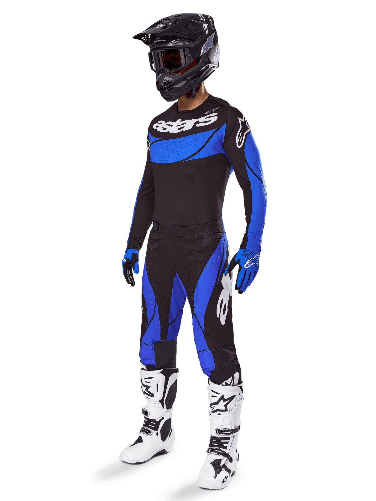 Alpinestars 2025 Techstar Dreem Gear Set, Motocross gear in Black and Blue, including jersey and pants with white branding, worn with a black helmet, blue and black gloves, and white and black boots, complete coordinated racing outfit for off-road performance.