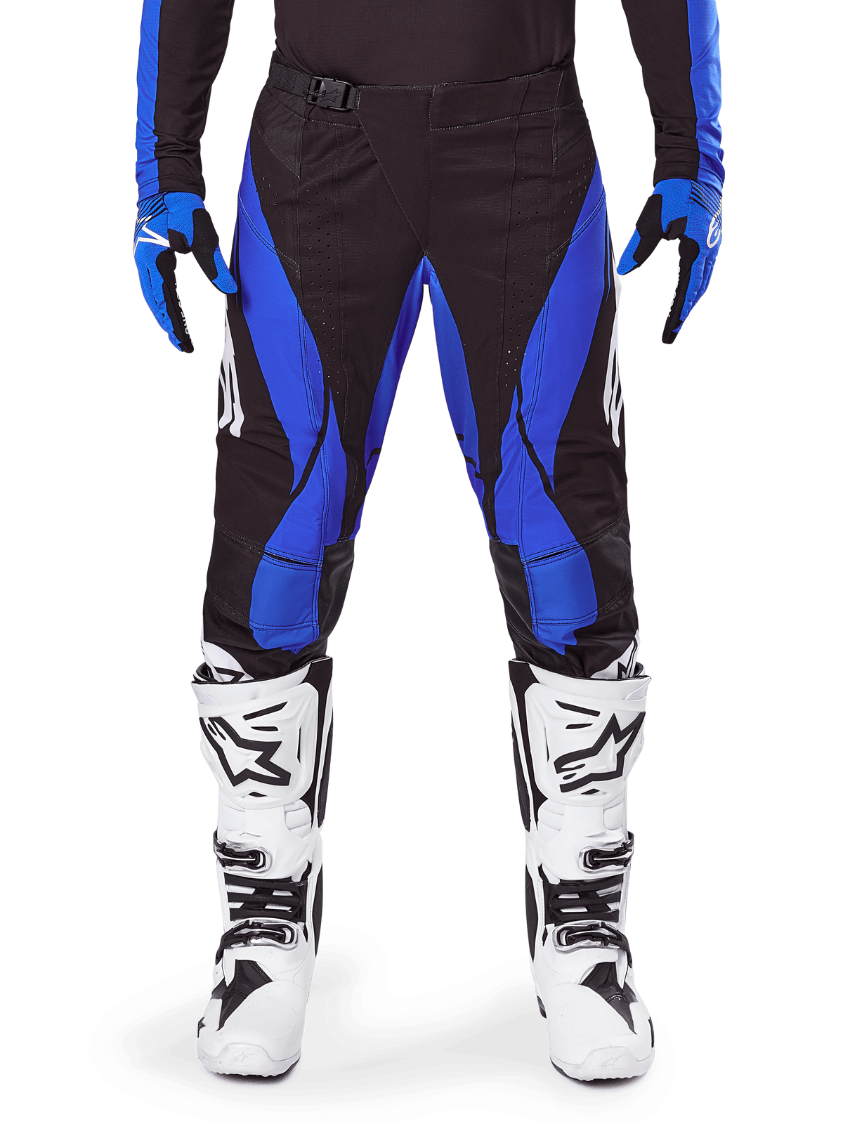 Alpinestars 2025 Techstar Dreem Pants, Motocross Pants, Black and Blue, worn with matching jersey, gloves and white boots, featuring blue side panels and athletic race fit, durable material for off-road racing