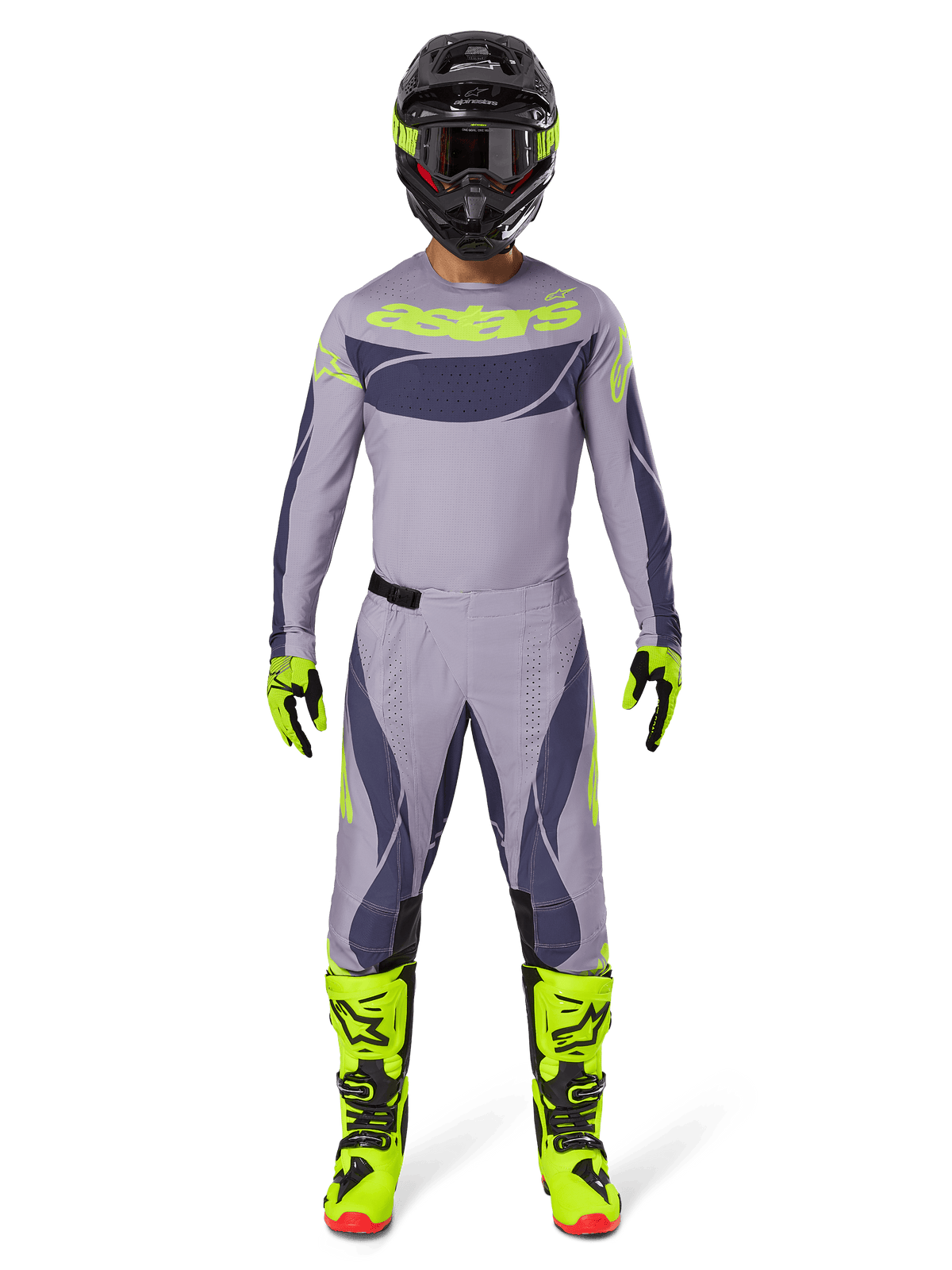 Motocross rider wearing complete racing gear, Alpinestars 2025 Techstar Dreem Pants in Gray and Dark Gray, matching jersey with fluorescent yellow branding, black helmet, fluorescent yellow boots and gloves, coordinated performance outfit for off-road racing