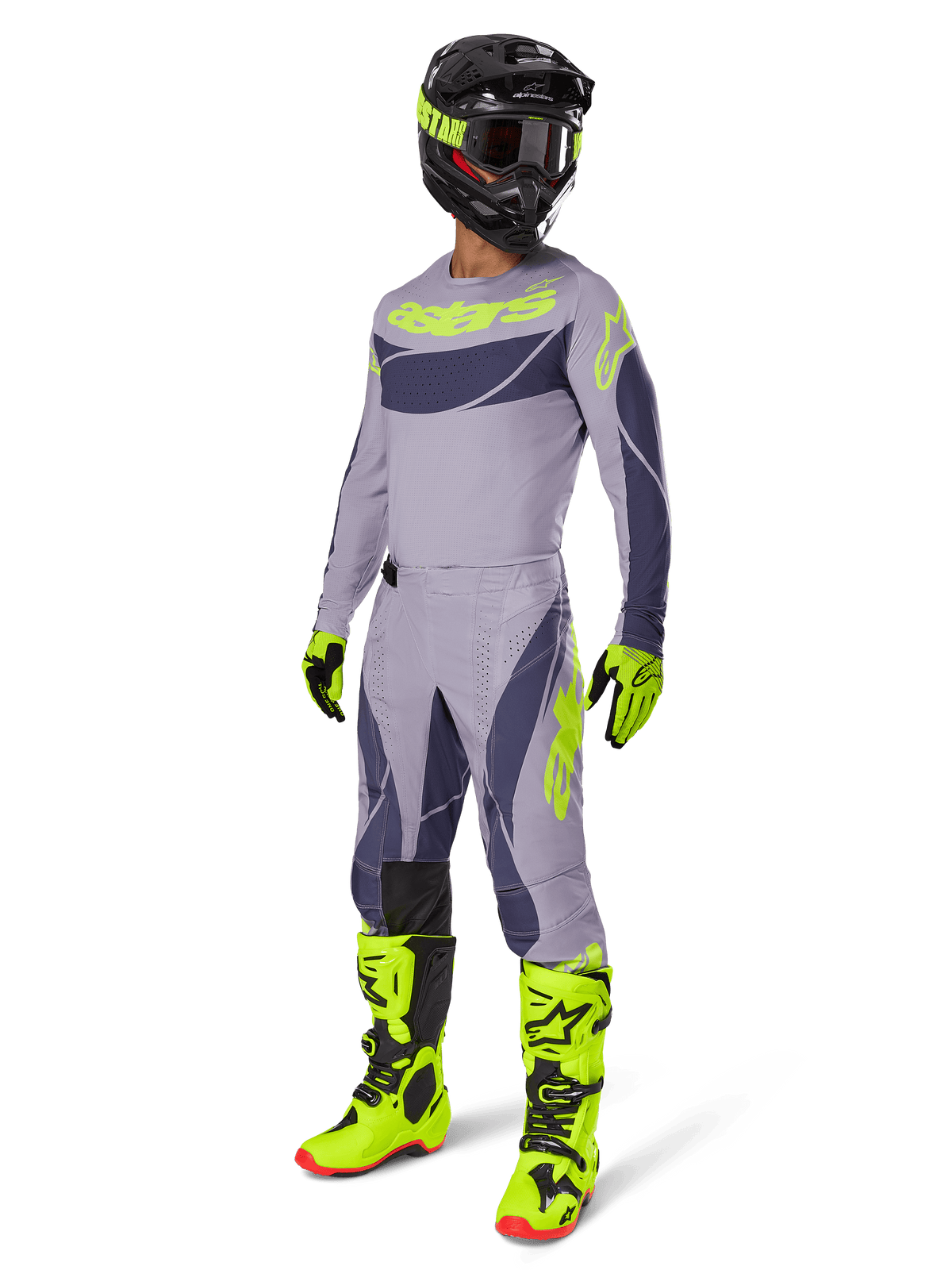 Alpinestars 2025 Techstar Dreem Pants, Motocross Pants, Gray and Dark Gray with neon green accents, worn with matching jersey, bright neon green boots, and black helmet, full professional motocross gear set