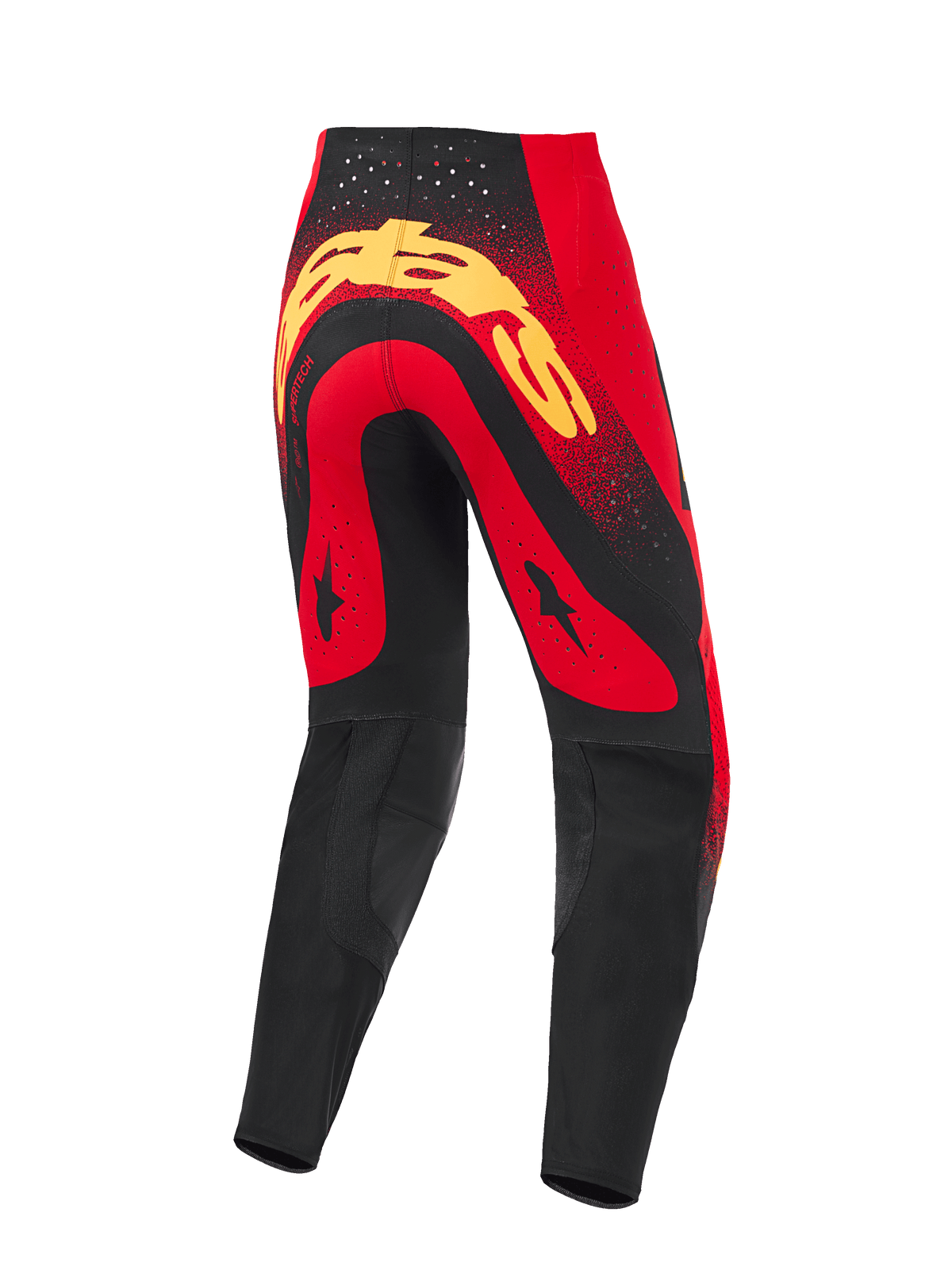 Alpinestars 2026 Supertech Scenz Pants, calças de motocross, vermelhas, pretas e amarelas, vista traseira com um grande logótipo amarelo no assento, painéis vermelhos com gráficos de estrelas pretas, perfurações cortadas a laser na cintura e painéis pretos reforçados na parte inferior das pernas.