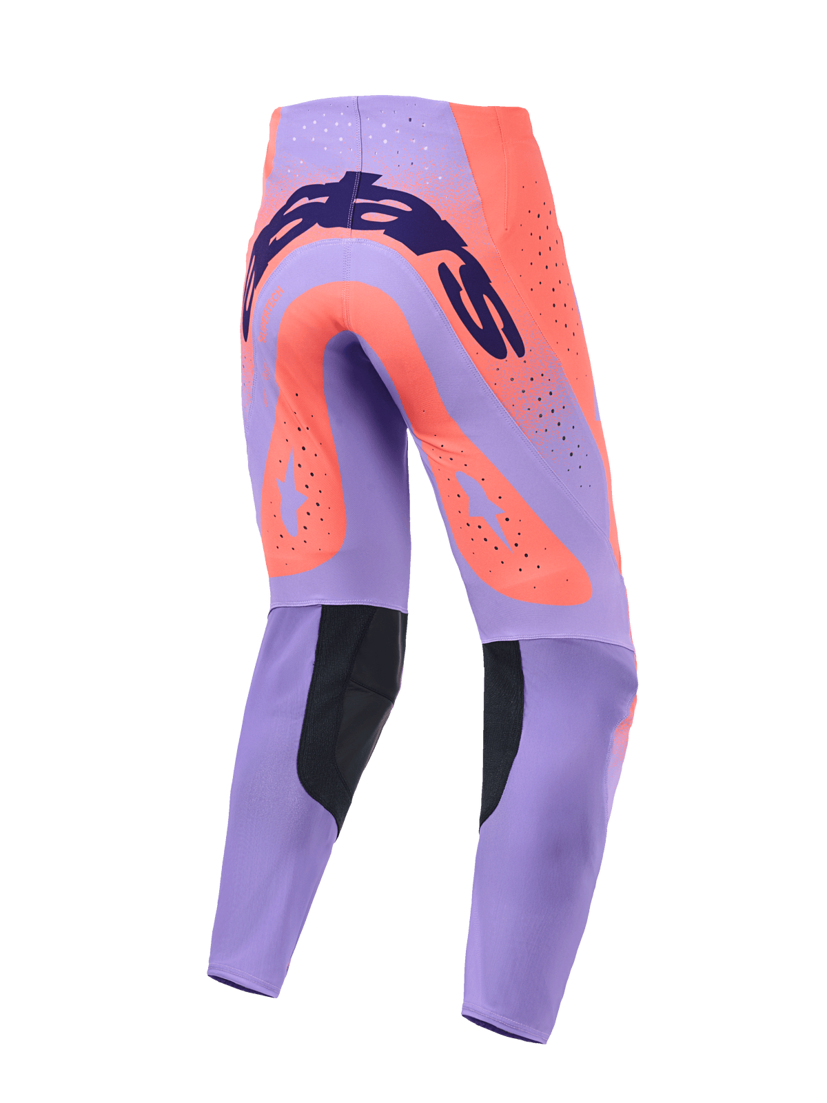 Alpinestars 2026 Calças Supertech Scenz, calças de motocross, Hot Coral e roxo, vista traseira com marca azul escura no assento, grandes detalhes de estrela coral nas coxas, painéis internos pretos na zona da barriga da perna e orifícios de ventilação cortados a laser