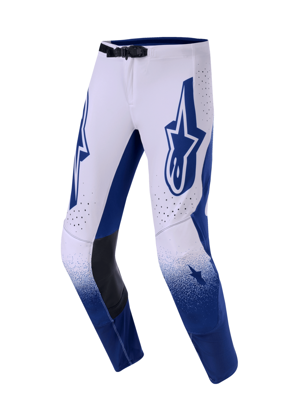 Alpinestars 2026 Supertech Scenz Pants, calças de motocross, cinzento claro e azul escuro, com um grande logótipo Astars azul na coxa, painéis internos dos joelhos em pele preta e orifícios de ventilação perfurados, efeito gradiente na parte inferior das pernas, equipamento de corrida profissional para desempenho todo-o-terreno