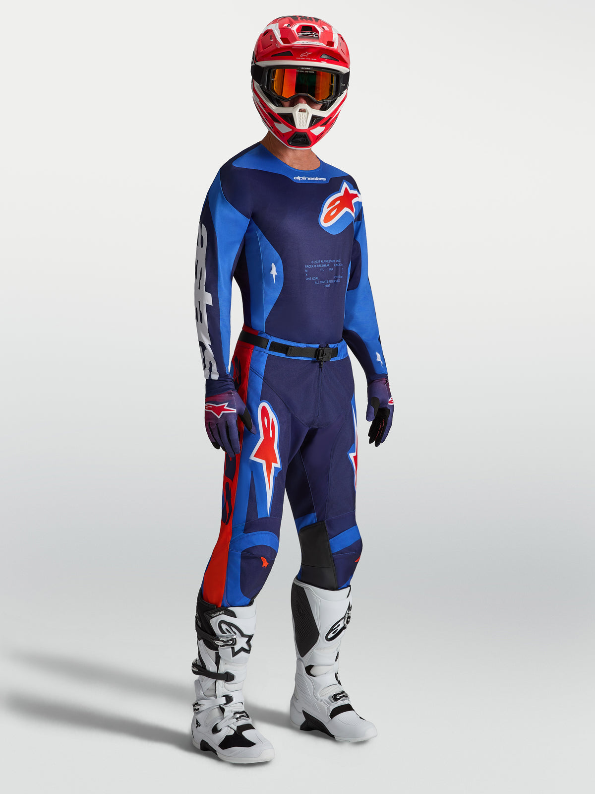 Alpinestars calças Racer Hunt, calças de motocross para homem, azuis e vermelhas, com ajuste de corrida ergonómico e pré-curvado