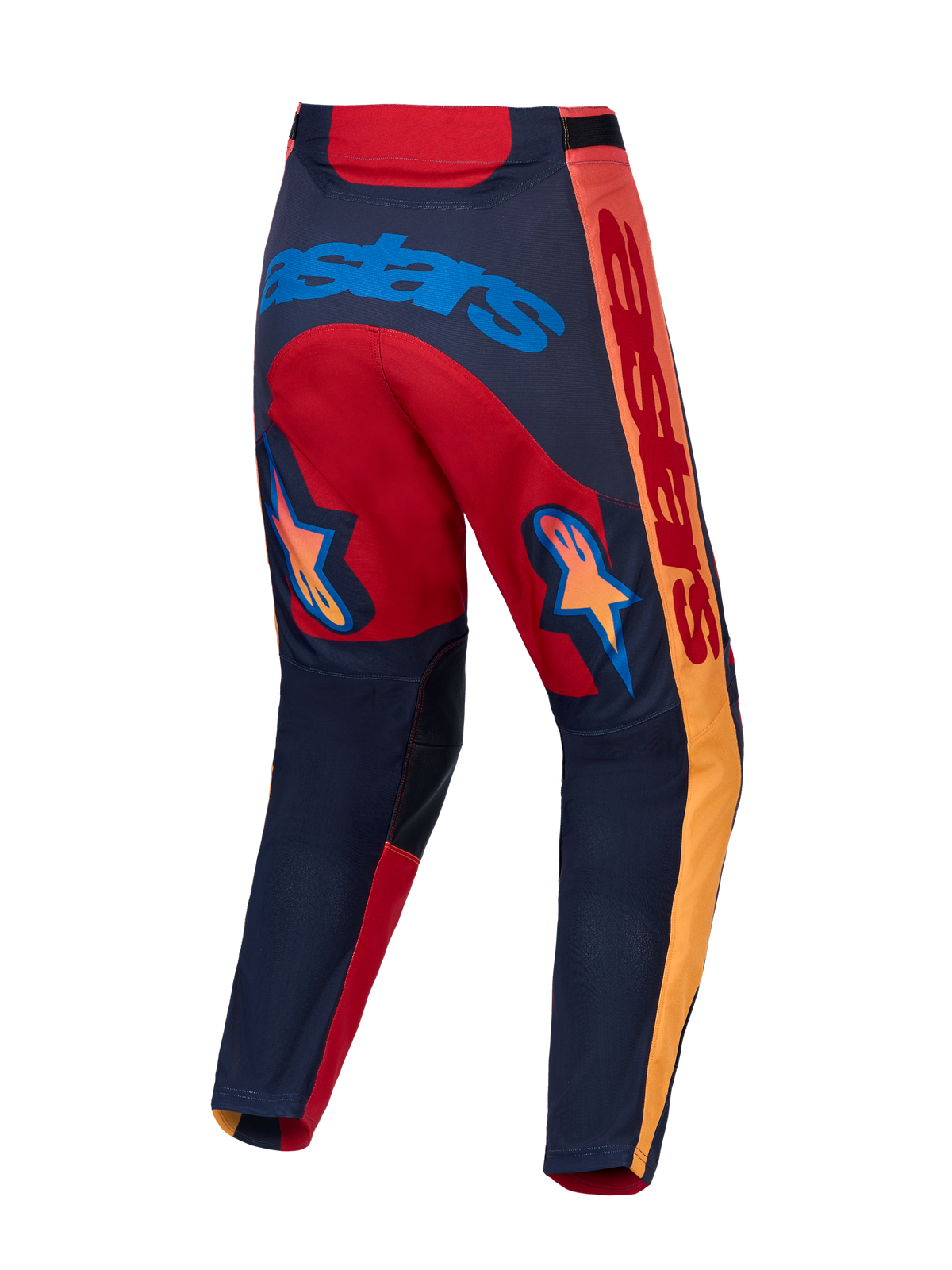 Calças Alpinestars Racer Hunt para motocross, vermelhas e cinzentas, vista traseira com gráficos de estrelas e logótipo azul.