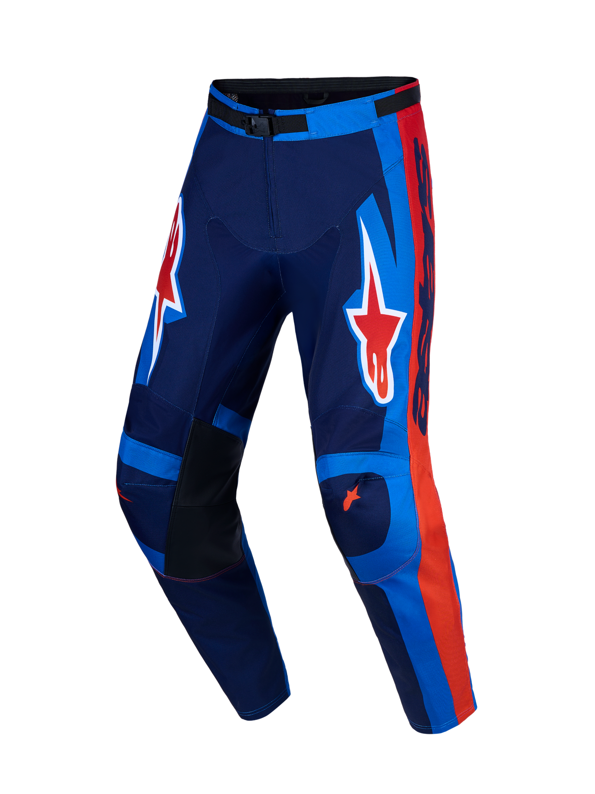 Alpinestars calças Racer Hunt, calças de motocross para homem, azul e vermelho, polifibra 600D e pernas pré-curvadas.
