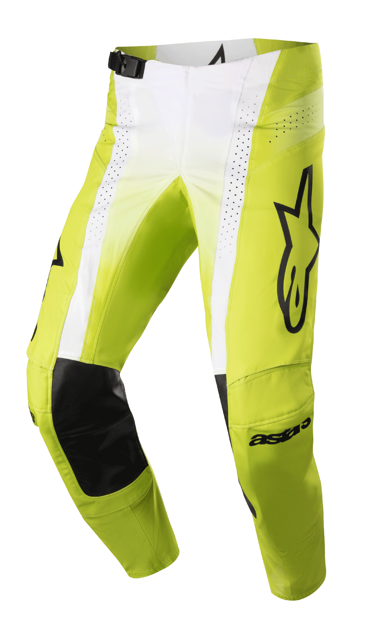 Alpinestars 2023 Techstar Push Pants, calças de motocross, amarelo néon e branco com detalhes pretos, reforços internos nos joelhos em couro preto, painéis de ventilação perfurados, logótipo grande na coxa e fivela de cintura ajustável, equipamento de alta performance para todo-o-terreno