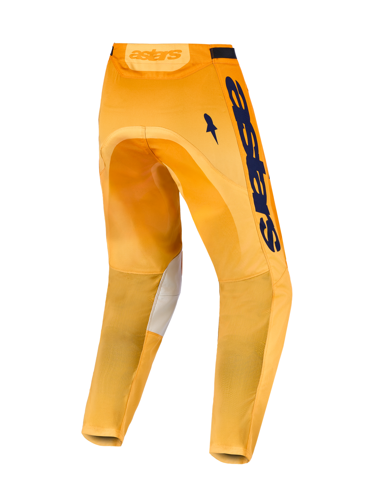 Alpinestars Calças Racer Amber, calças MX para homem, laranja e azul escuro, com poly-fabric e painéis elásticos traseiros.