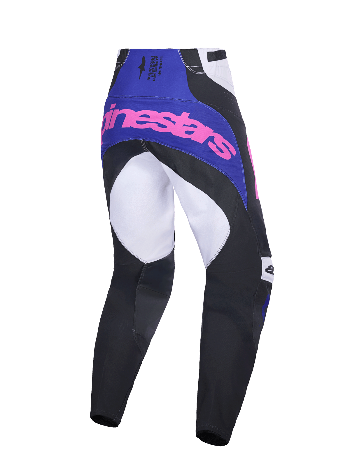 Calças Alpinestars 2026 Techstar Knif, calças de motocross, pretas, cinzento claro e roxo com logótipos cor-de-rosa, vista traseira mostrando a construção de múltiplos painéis, pala roxa com logótipo cor-de-rosa e zona do assento reforçada para corridas todo-o-terreno