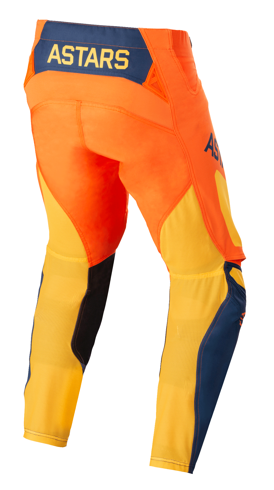 Alpinestars Techstar Factory Pants, calças de motocross, cor de laranja, azul escuro e amarelo, vista traseira com o logótipo ASTARS amarelo num painel traseiro azul escuro, chassis em laranja vibrante com malha amarela respirável na parte inferior das pernas e pormenores em azul