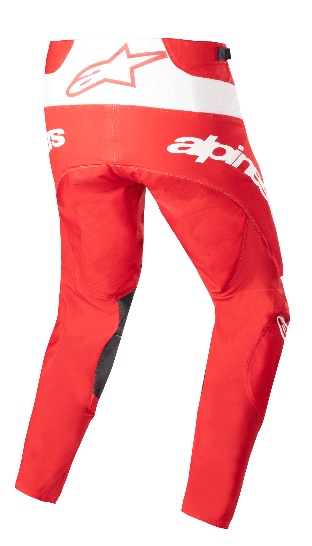 Alpinestars 2023 Techstar Arch Pants, calças de motocross, vermelho Mars e branco, vista traseira com marca branca em destaque e logótipo de estrela, reforços escuros na parte interna da perna, design técnico para performance todo-o-terreno