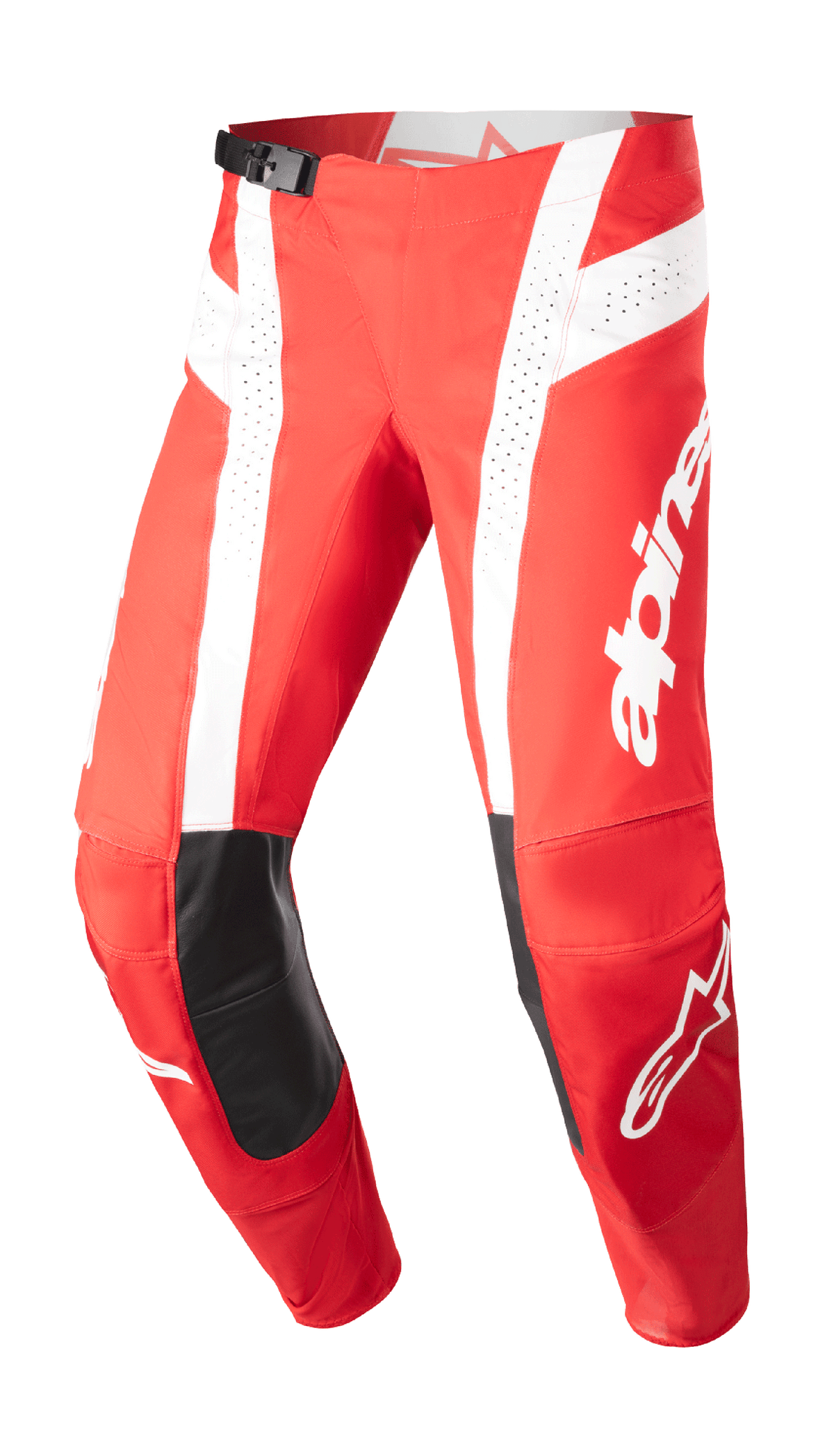 Alpinestars 2023 Techstar Arch Pants, calças de motocross, vermelho Marte e branco, painéis em pele preta nos joelhos, painéis de ventilação perfurados, fivela ajustável na cintura, equipamento de performance para todo-o-terreno