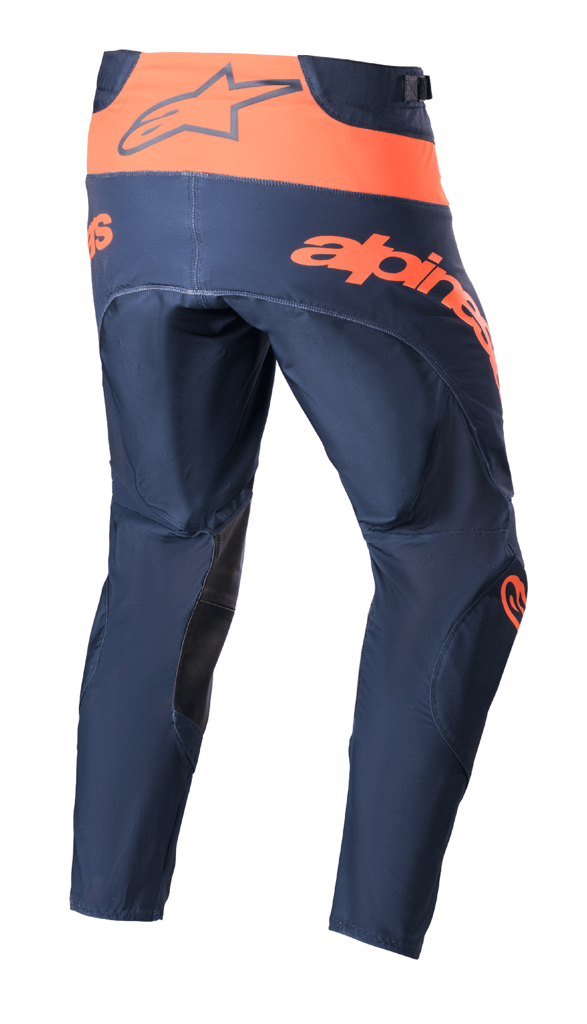 Alpinestars 2023 Techstar Arch Pants, calças de motocross, azul marinho e laranja, vista traseira mostrando a cintura laranja com o logótipo Alpinestars, texto grande laranja no assento e reforços pretos na parte interna da perna