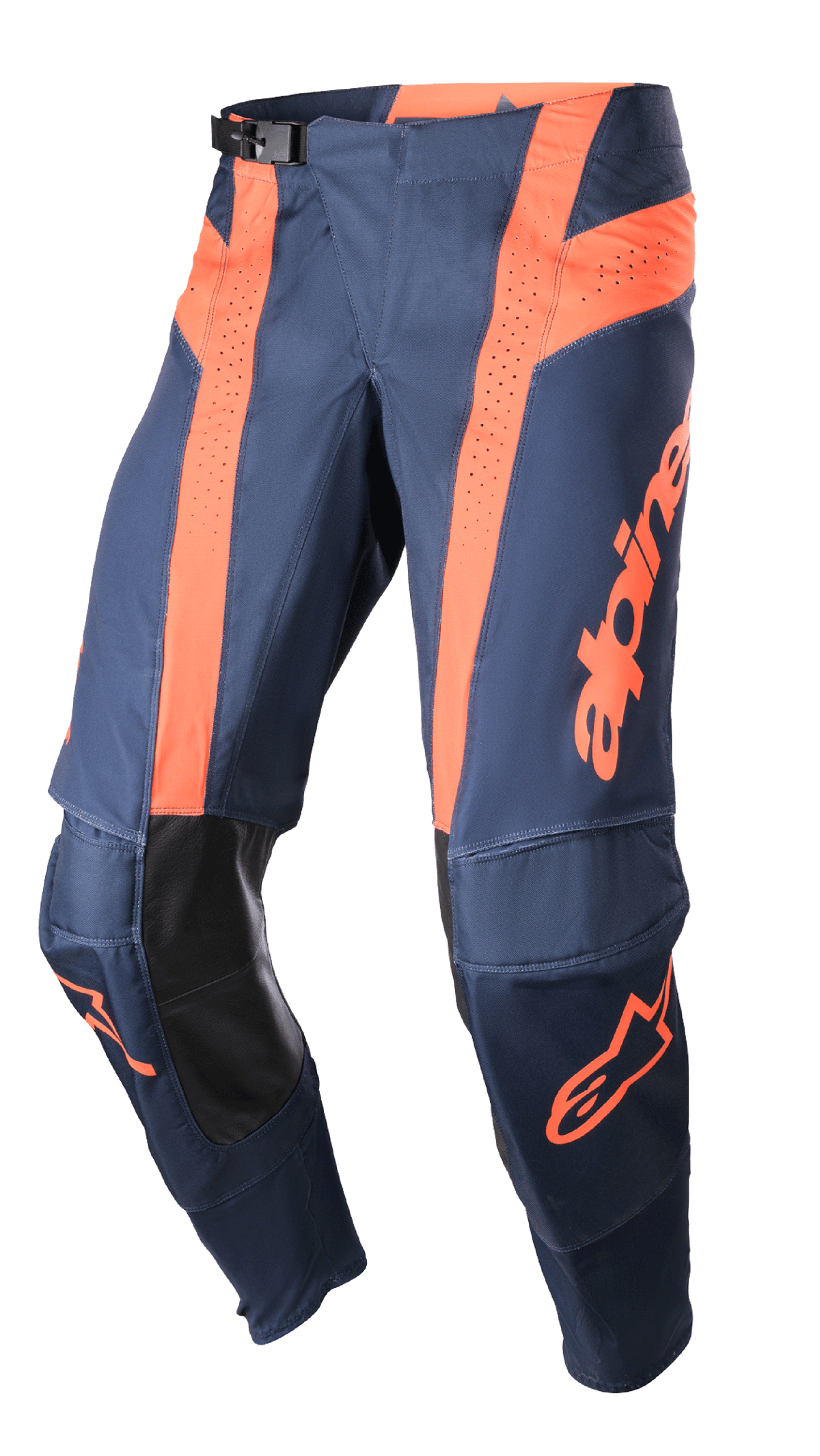 Alpinestars 2023 Techstar Arch Pants, calças de motocross, azul escuro e laranja vibrante, painéis de ventilação perfurados, proteção interior do joelho em pele preta, fivela de cintura ajustável, equipamento de todo-o-terreno de alta performance