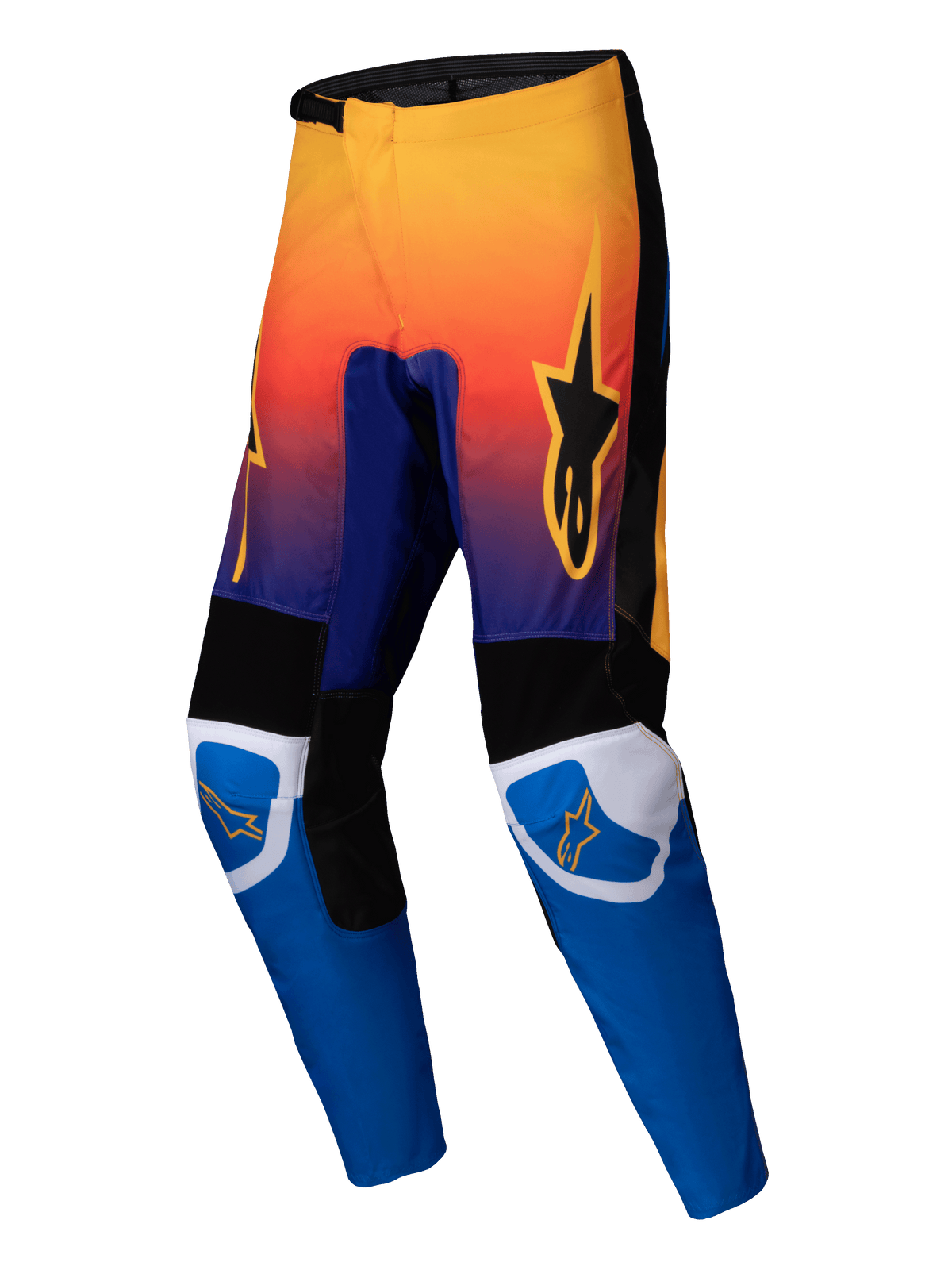 Alpinestars 2025 Fluid Wurx Pants, Motocross Pants, Multicolor with orange to purple gradient upper and bright blue lower legs, featuring black and white reinforced panels, orange star logo on thighs and knees, durable off-road racing design